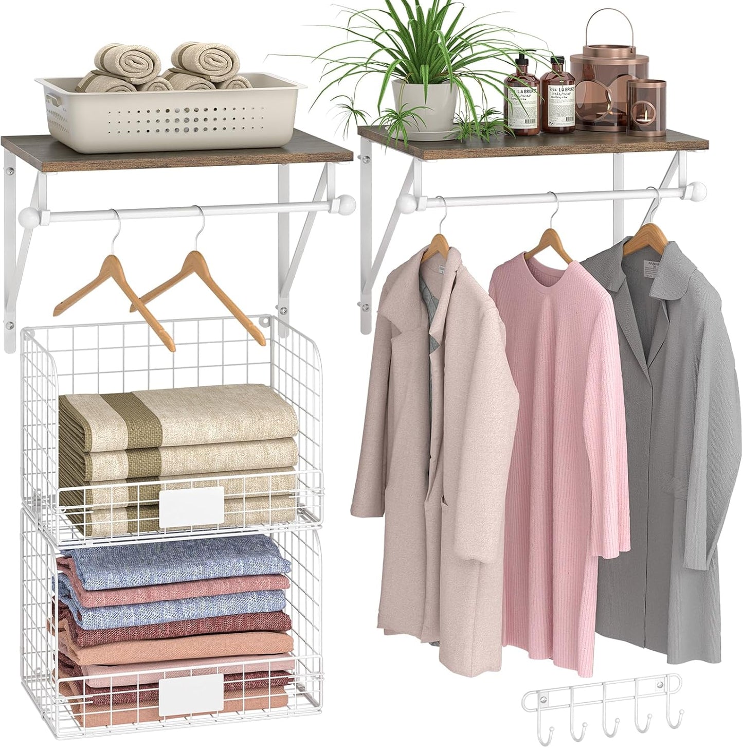 Wall Mounted Laundry Room Shelves - Over Washer & Dryer Shelf with Wire Baskets & Drying Rack | Black Wood & Metal