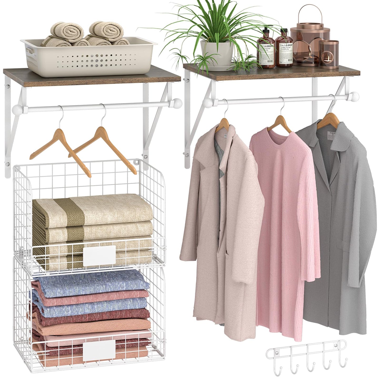DAOUTIME 2 Set Laundry Room Wall Mounted Shelves With Wire Storage Baskets, Over Washer and Dryer With Hanging Rods and Hooks, for Organization and Storage, White, Wooden