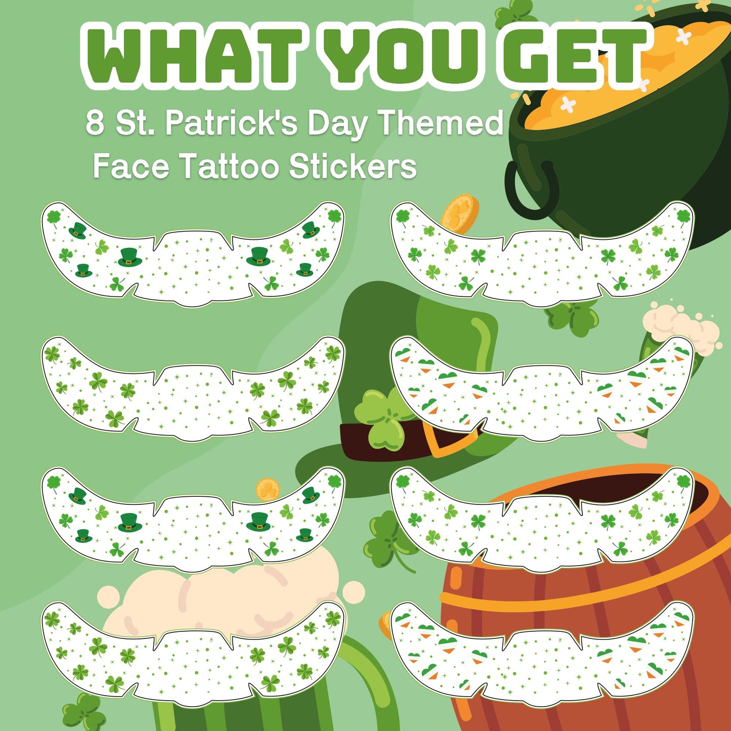 St Patricks Day Accessories - 8 Pack Shamrock Temporary Face Tattoos | St Patrick's Day Shirt Outfits for Women | Lucky Clover Face Stickers Makeup Gifts Crafts Games Decorations for Kids