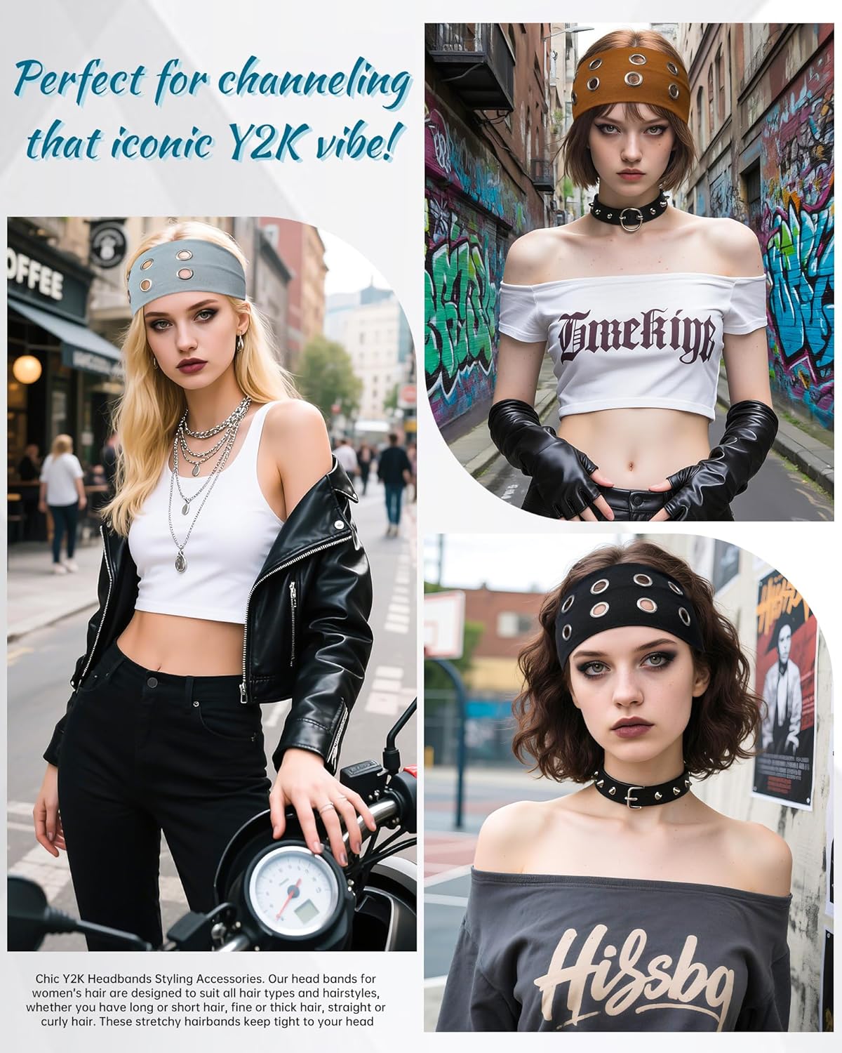 Fashion Grommet Wide Headbands for Women - Y2K Punk Grunge Style | 3 Pack in Black, Coffee, Light Gray (3.9" Wide)