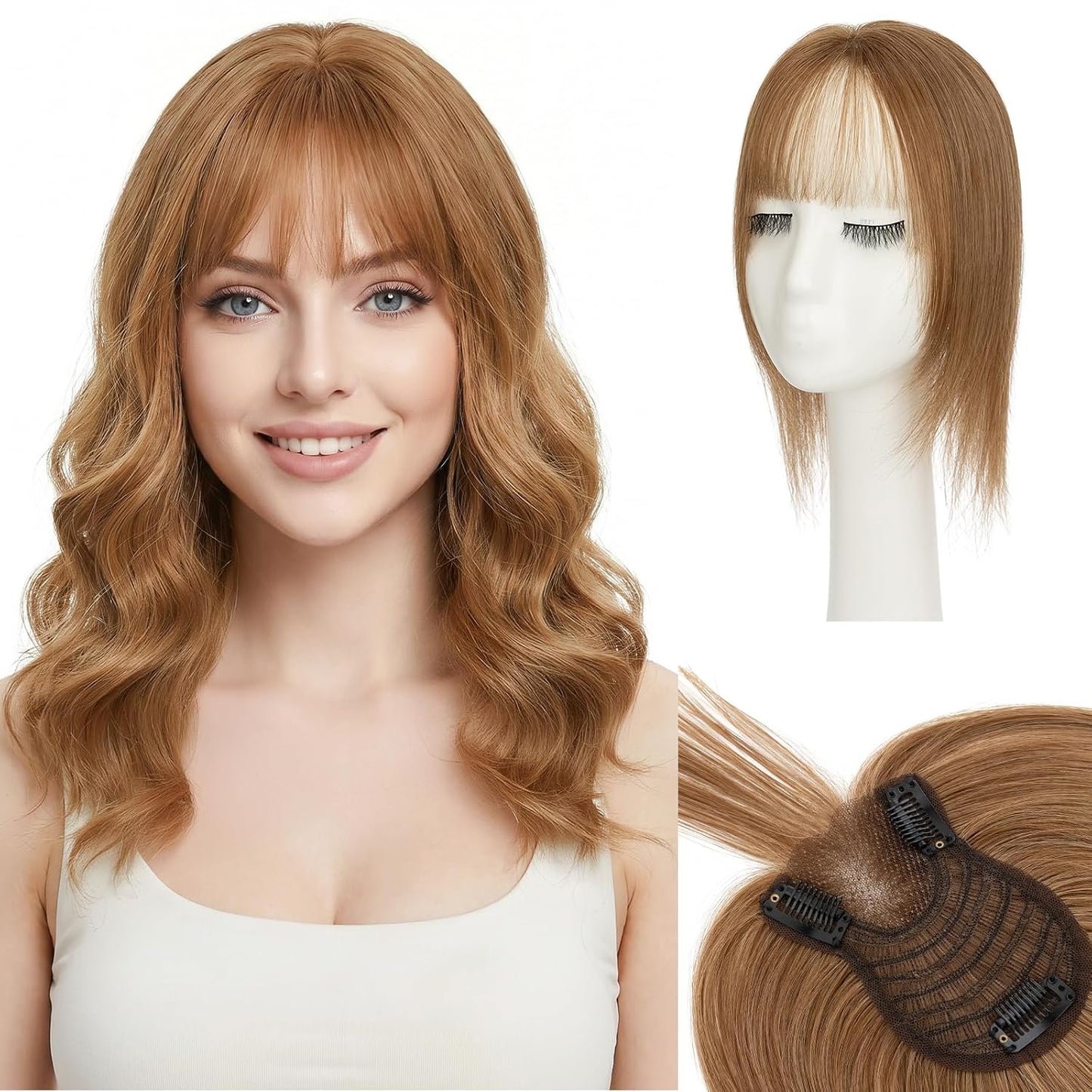 **Hair Toppers for Women - Real Human Hair with Curtain Bangs | 10-Inch Lace Base Clip-In Piece - #02 Dark Brown**
