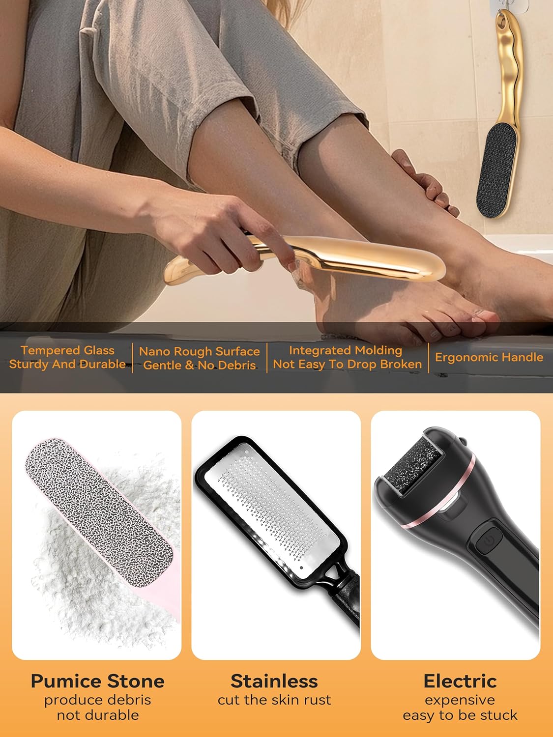 Nano Glass Foot File - Professional Hard Skin Callus Remover with Anti-Slip Handle | Ideal Gift for Beauty Lovers - Golden
