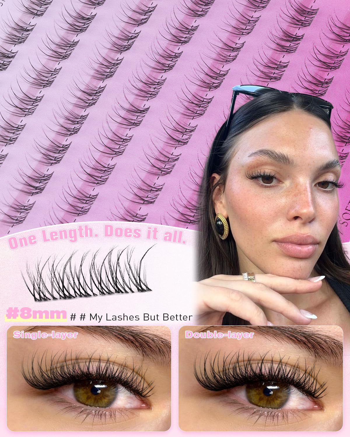 Natural Lash Clusters - 8mm Wispy Eyelash Extensions with Soft Clear Band | Glasses Friendly