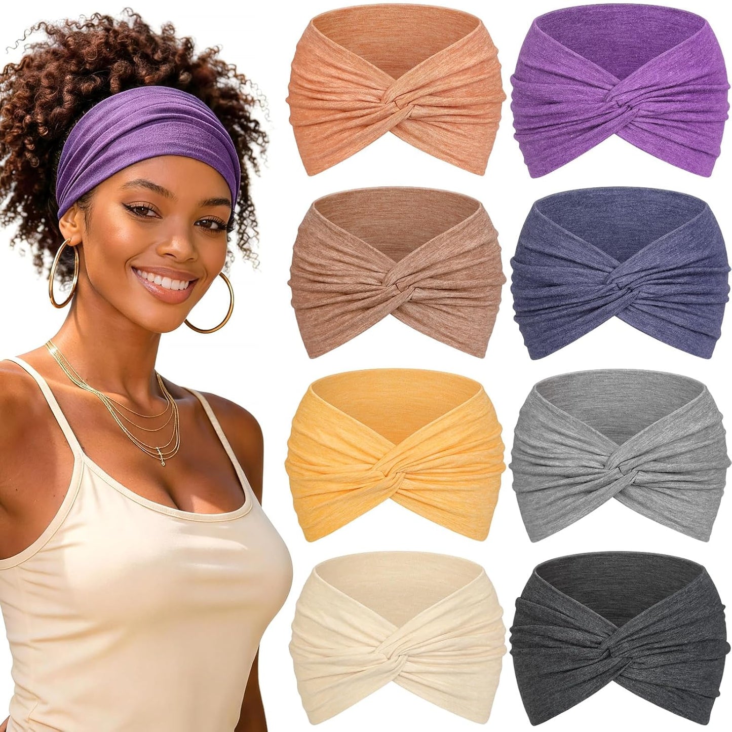 Wide Headbands for Women - 7.08 Inch Thick Boho Turban Hair Wraps | Non-Slip, Moisture-Wicking, 8 Pack Multi Colors