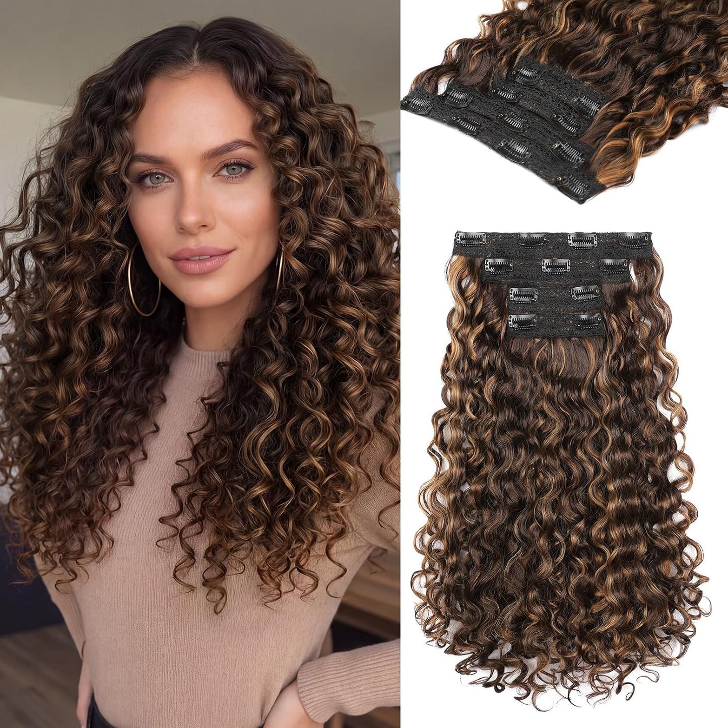 Curly Hair Extensions - 4PCS 18" GoGo Curly Clip-Ins | 100% Protein Hairpieces, Honey Blonde Highlights