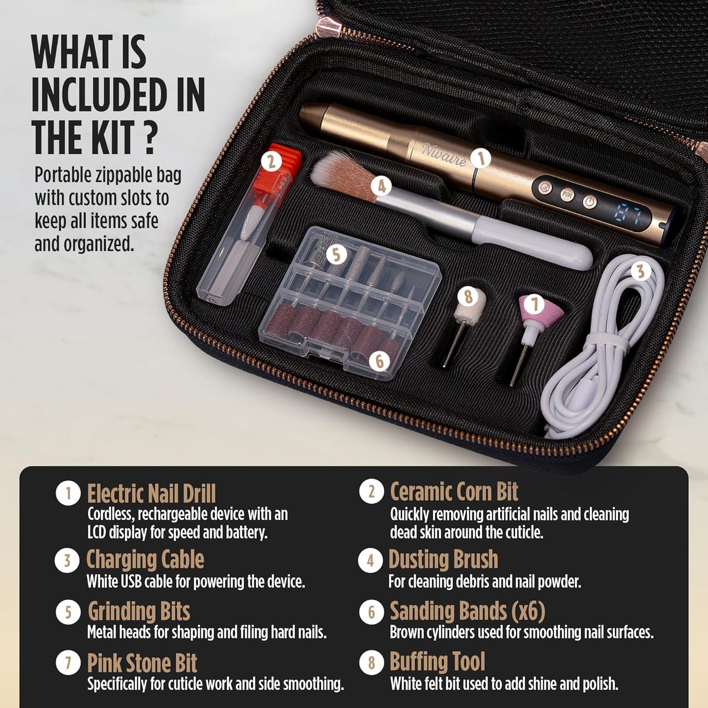 Cordless Nail Drill Kit - 35000RPM Electric Manicure Set with 8 Drill Bits & 5 Speed Levels | Portable Rechargeable (Gold)