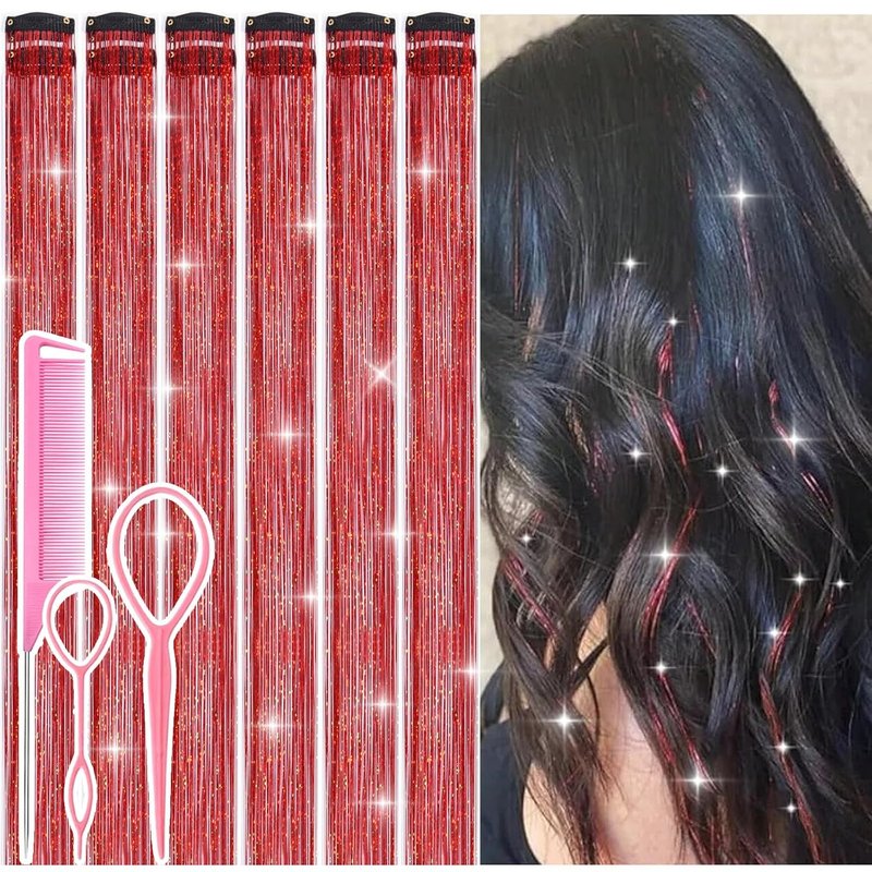 Hair Tinsel Kit - 12 Pcs Red Glitter Clip-In Extensions for Girls & Women | 24 Inch Festival Party Hair