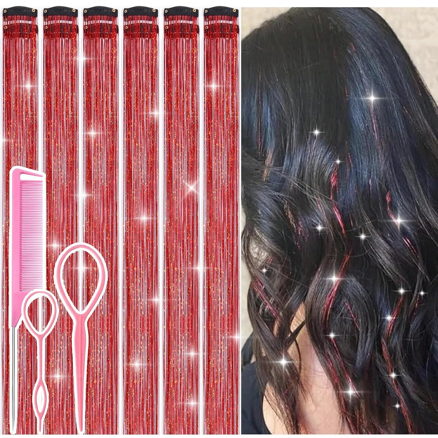 Hair Tinsel Kit - 12 Pcs 24 Inch Gold Glitter Clip-In Hair Extensions for Girls & Women | Perfect for Christmas & New Year Parties