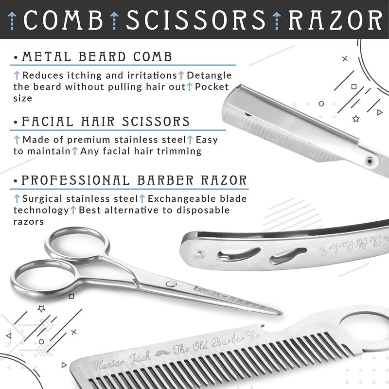 Straight Razor Kit - Complete Straight Razors for Men Kit with Beard Scissors & Metal Comb - Barber Razor for Men - 10 Extra Straight Edge Razor Blades for Shaving - Premium Polished Stainless Steel