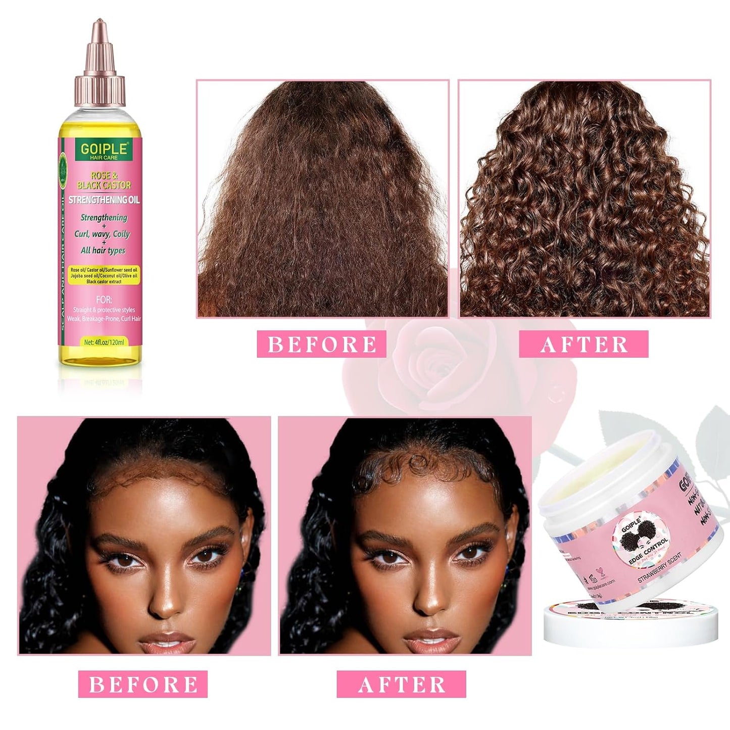 Edge Control Wax - Strong Hold Non-Greasy Hair Styling Gel for Black Hair | Rose & Black Castor Oil for Growth