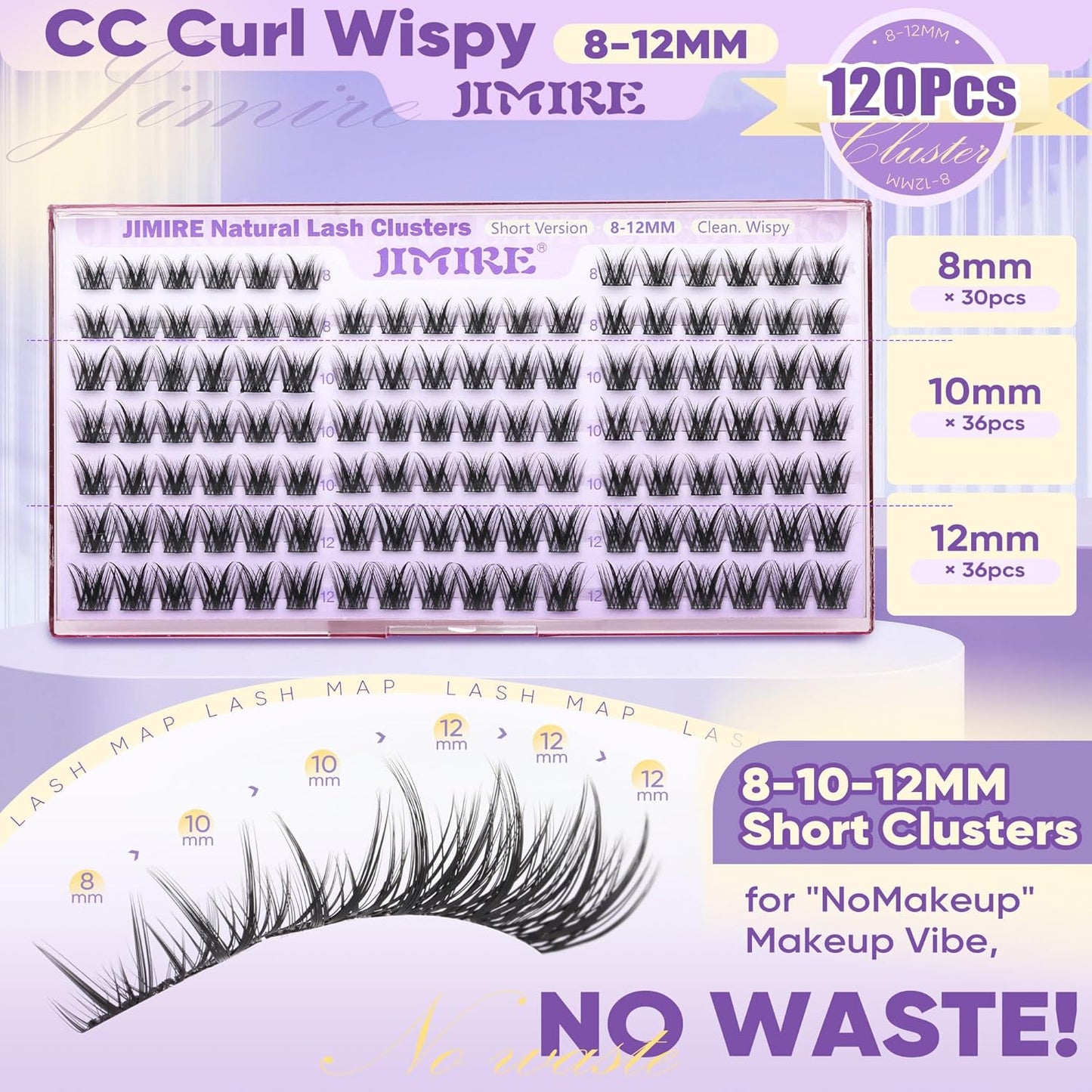 JIMIRE 8-12MM Wispy Cluster Eyelash Extensions - Soft DIY Individual Lashes | Natural C Curl, 120 Pcs