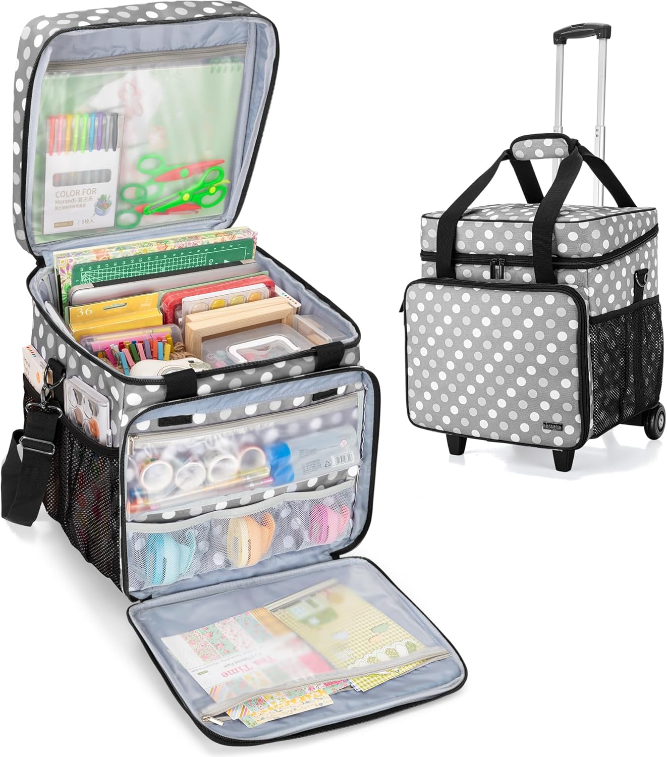 LUXJA Rolling Scrapbook Tote - Detachable Dolly Design for Easy Transport | Gray Dots
