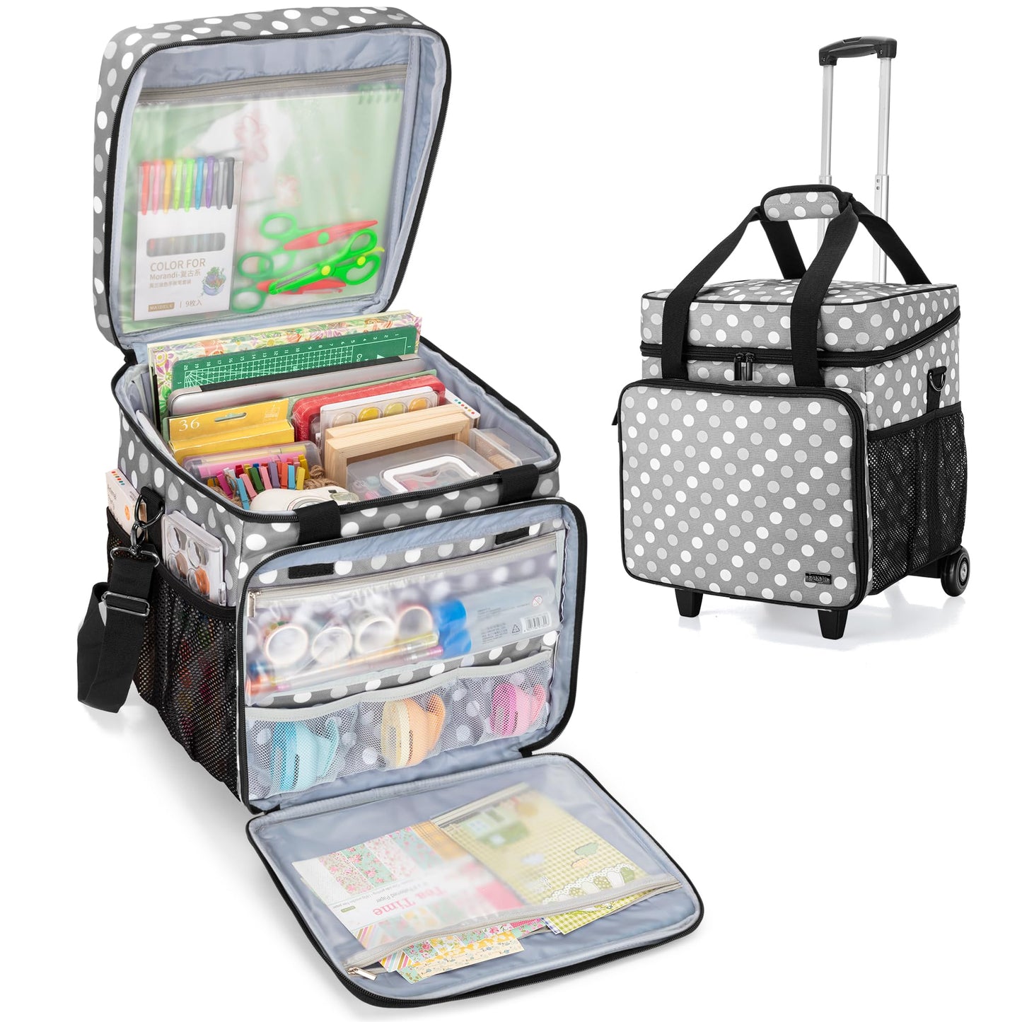 LUXJA Rolling Scrapbook Tote, Scrapbook Bag with Detachable Dolly (Patented Design), Gray Dots