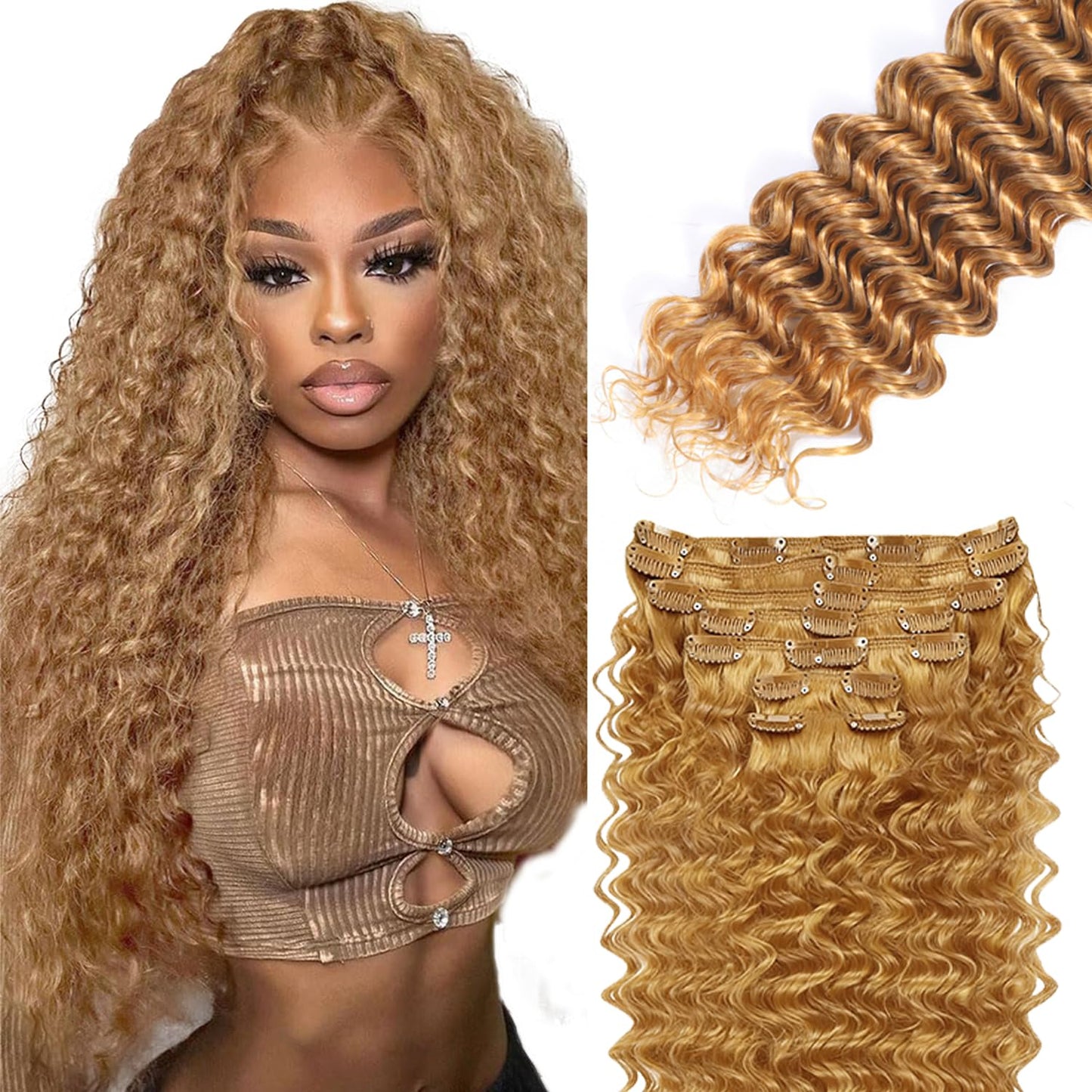 #27 Blonde Clip in Hair Extensions Real Human Hair,22 Inch 120g/7Pcs,Full Shine Remy Human Hair,Honey Blonde Deep Wave Clip ins Brazilian Virgin Human Hair Extensions