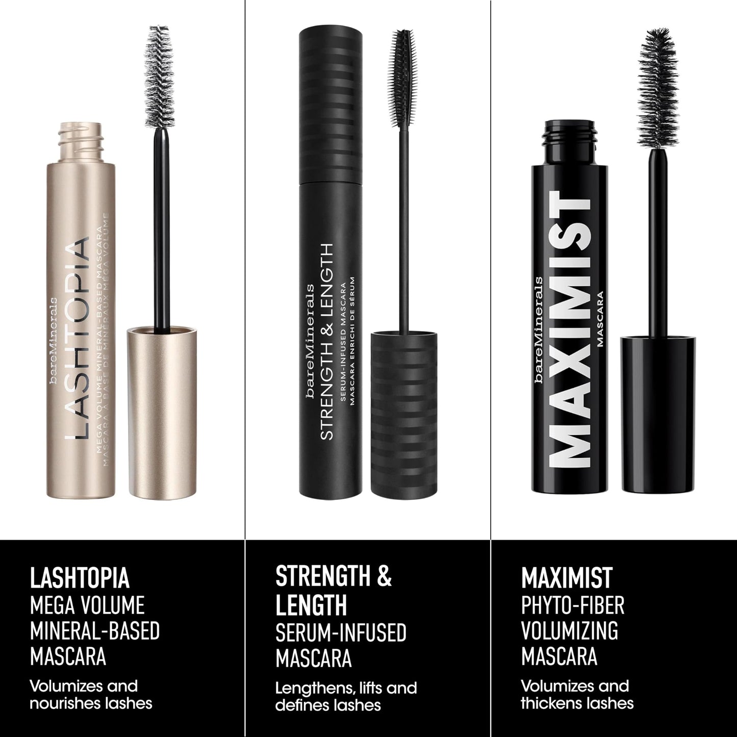 bareMinerals Mini Maximist Phyto-Fiber Volumizing Black Mascara for Visibly Thicker Lashes, All-Day Wear, Waterproof Mascara Black, Travel Size, Vegan