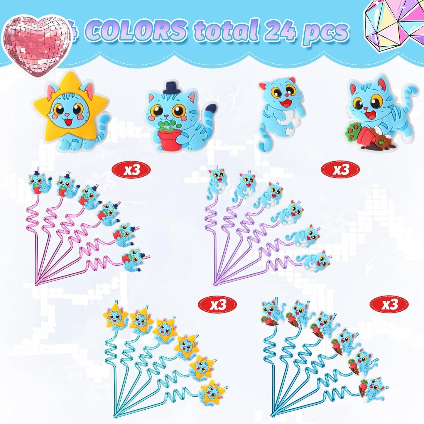 Kpop Party Straws - 24 Pack Blue Cat Toppers for Anime Birthday Parties | Fun Fan Meeting Gifts