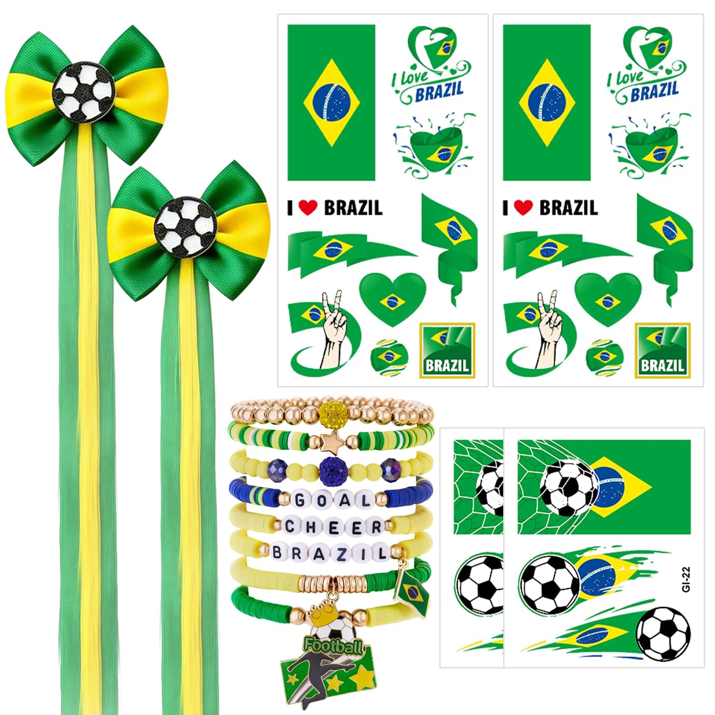 Ksheria 2026 Soccer BRAZIL Adult Supporter Kit – 7PCS National Team Fan Accessories with Wig Hair Clip, Bracelets & Patriotic Face Decals for Stadium Events & Game Day (BRAZIL)