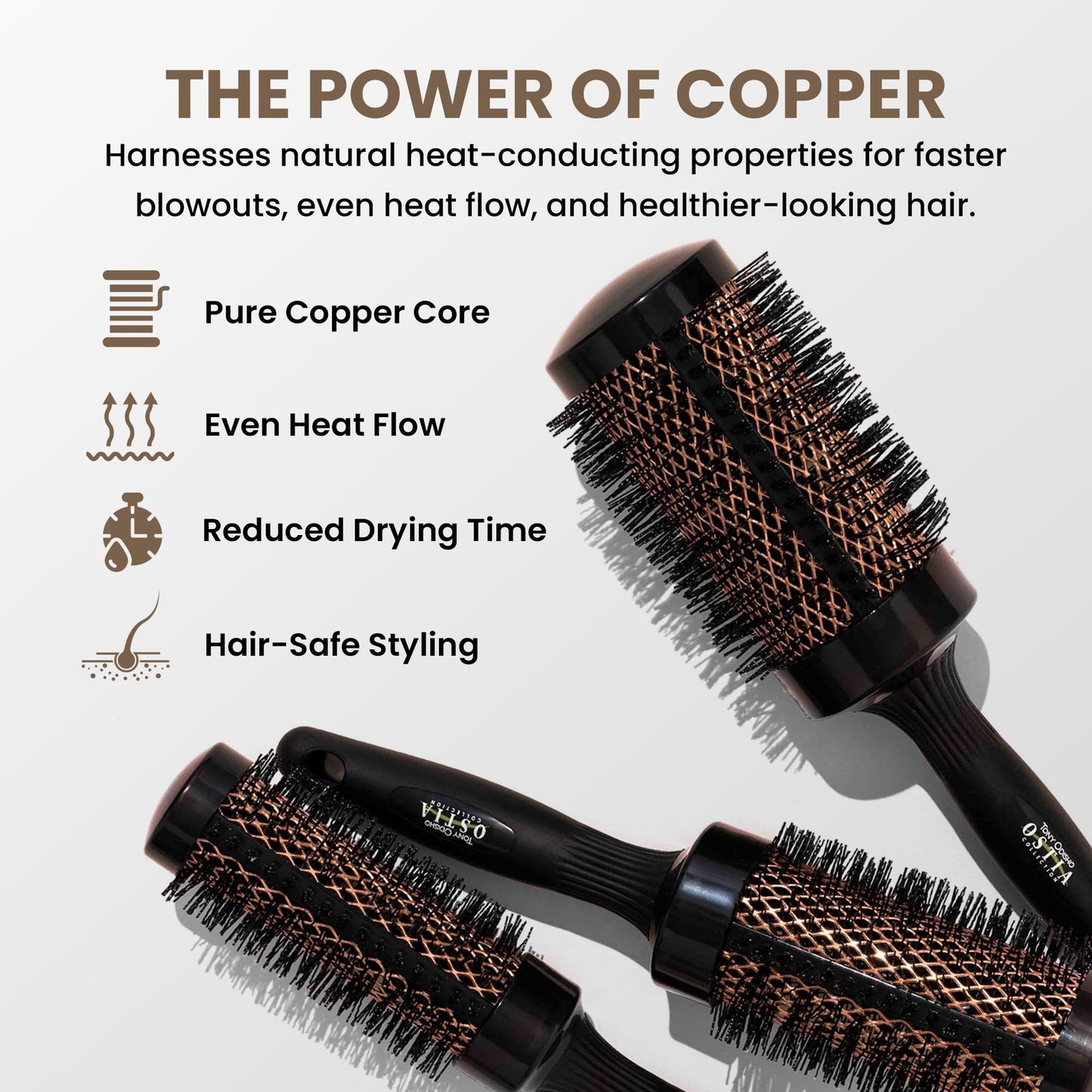 TONY ODISHO Copper Round Trio Brush Set – Professional Ceramic Thermal Ionic Styling Brushes with Boar Bristles for Volume, Shine & Salon-Quality Blow Drying – Small, Medium & Large Round Brushes