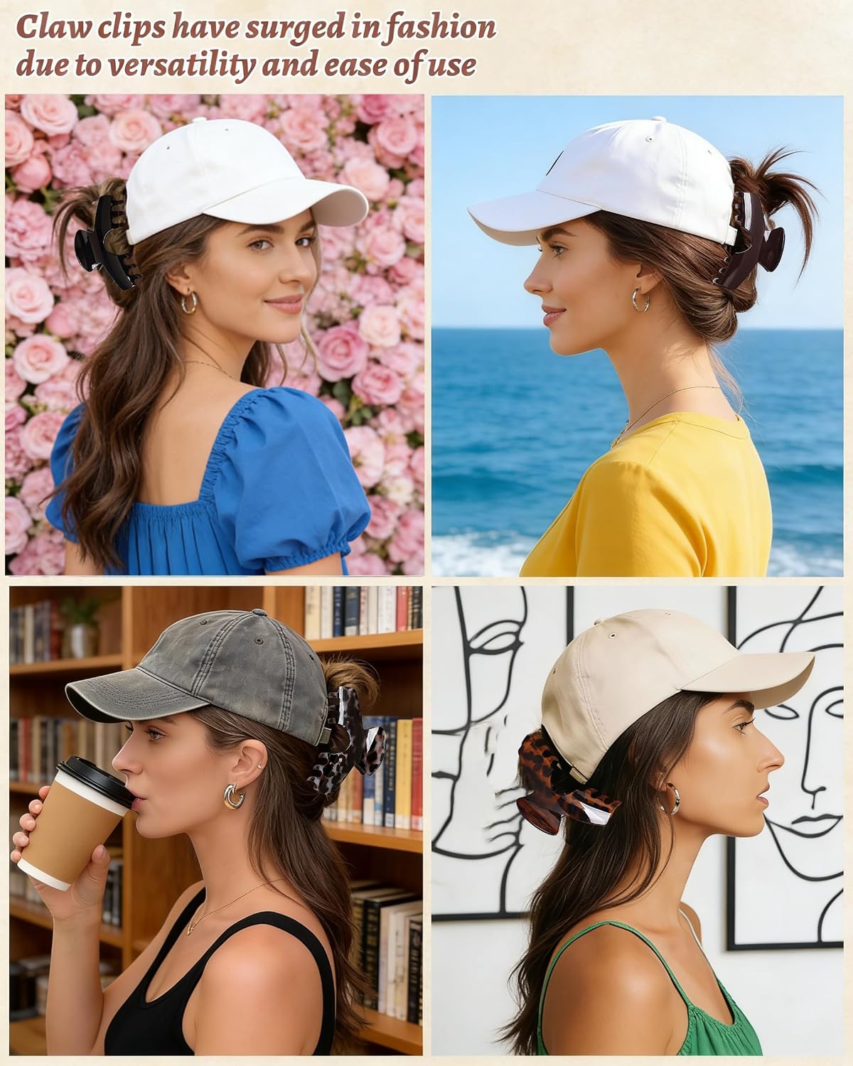 Hat Claw Clips for Women - 4PCS Strong Grip Hair Accessories for Trucker & Baseball Hats | Perfect for Thick Hair