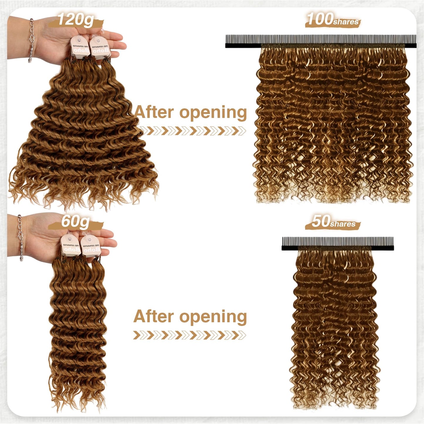 Human Crochet Hair for Black Women 22inch 60g Pre Separated 50 Strands Deep Wave Feather Crochet Human Hair Extensions 30# Light Auburn Invisible Miracle Knots Boho Crochet Bundles