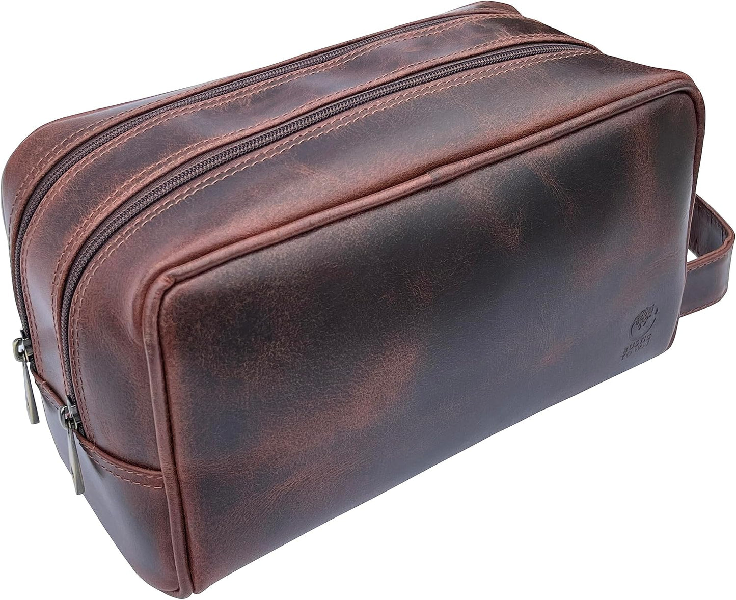 Full Grain Leather Travel Toiletry Bag - Rustic Town Cosmetic Organizer | Dark Brown