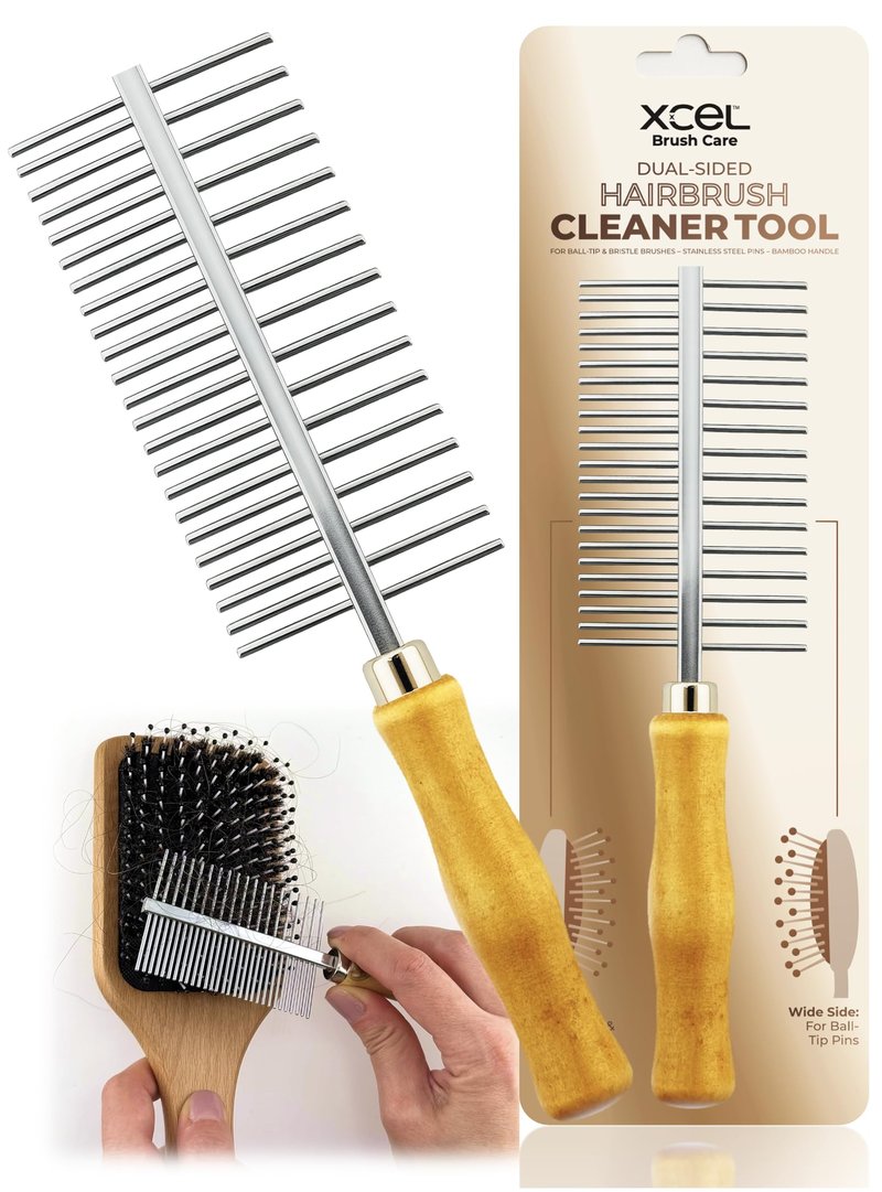XCEL 2-in-1 Hair Brush Cleaner Tool, Dual-Sided Hairbrush Cleaning Rake & Comb for Removing Hair, Lint, Dust and Product Buildup from Paddle, Boar Bristle, Round and Detangling Brushes