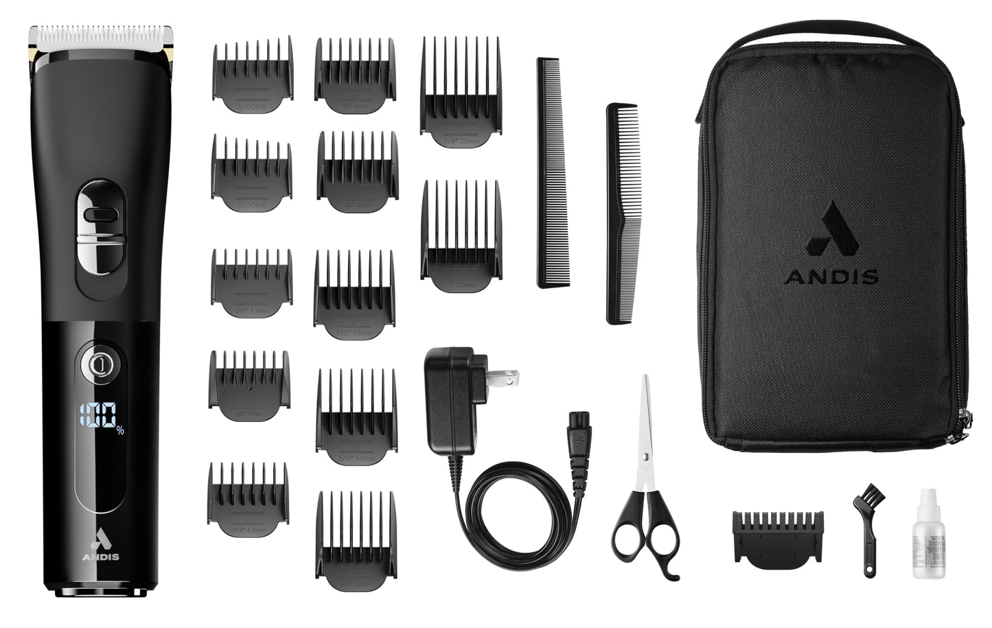 Andis 560547 Envision Cordless High-Speed Hair Clipper, 21-Piece Kit, Adjustable Blade, 1.5” LED Digital Display Screen, Black