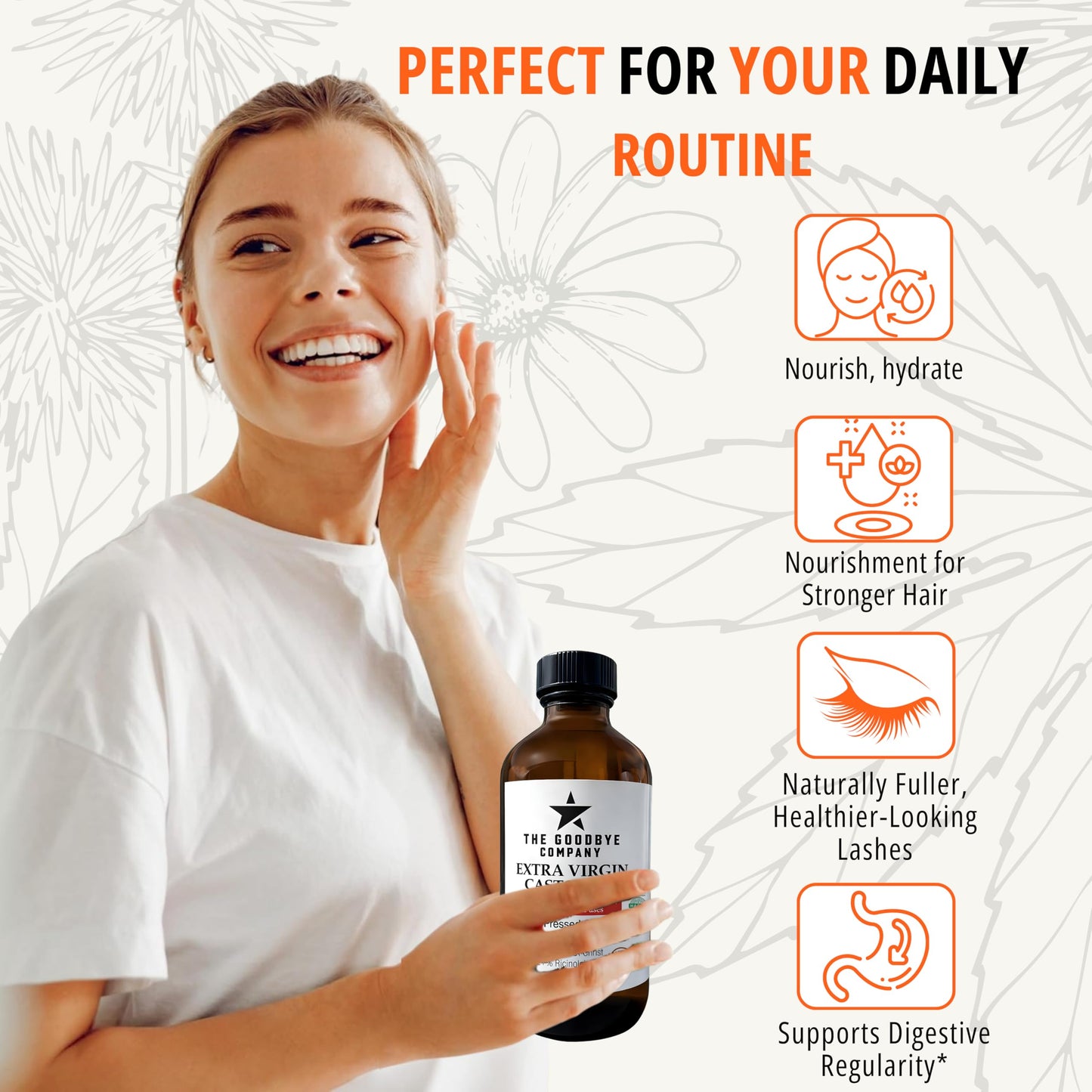 The Goodbye Company Extra Virgin Castor Oil 250ml, USDA Organic, Cold Pressed, Food Grade, Hexane-Free, Supports Digestive Wellness, Hair Growth, Eyelashes, Brows And Skin