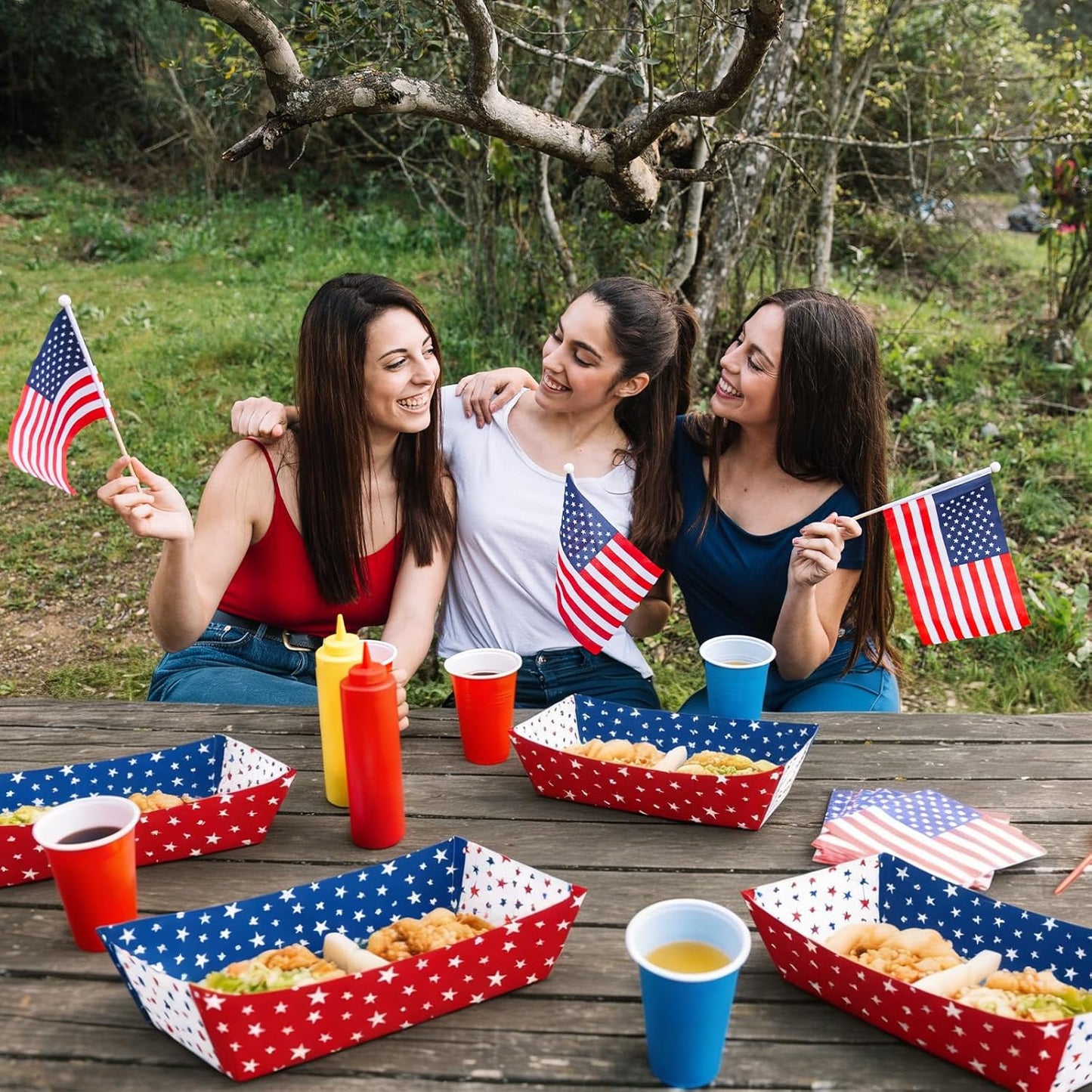 Disposable Paper Serving Trays - 30 Pack Red, White & Blue Star Design for Popcorn, Snacks | Perfect for 4th of July, BBQs & Picnics