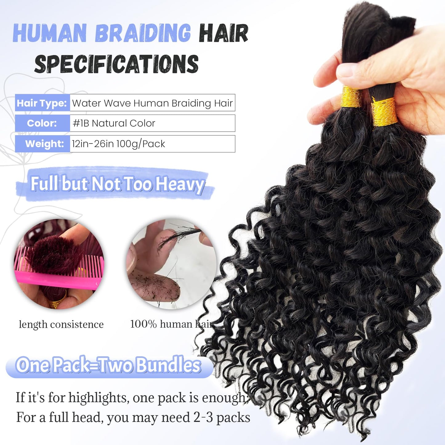 Licoville Boho Human Hair for Braiding Black Hair Deep Water Wave Bundles 18 Inch 100G Freetress No Weft Human Braiding Hair for Boho Braids #1B Natural Black Boho Hair Knoteless Braiding Bundle