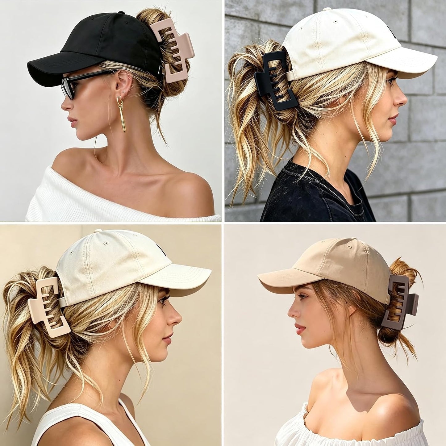 Hat-Friendly Claw Clips for Baseball Caps - 4 Pack Large Strong Hold Matte Clips for Thick & Thin Hair | Hair Accessories