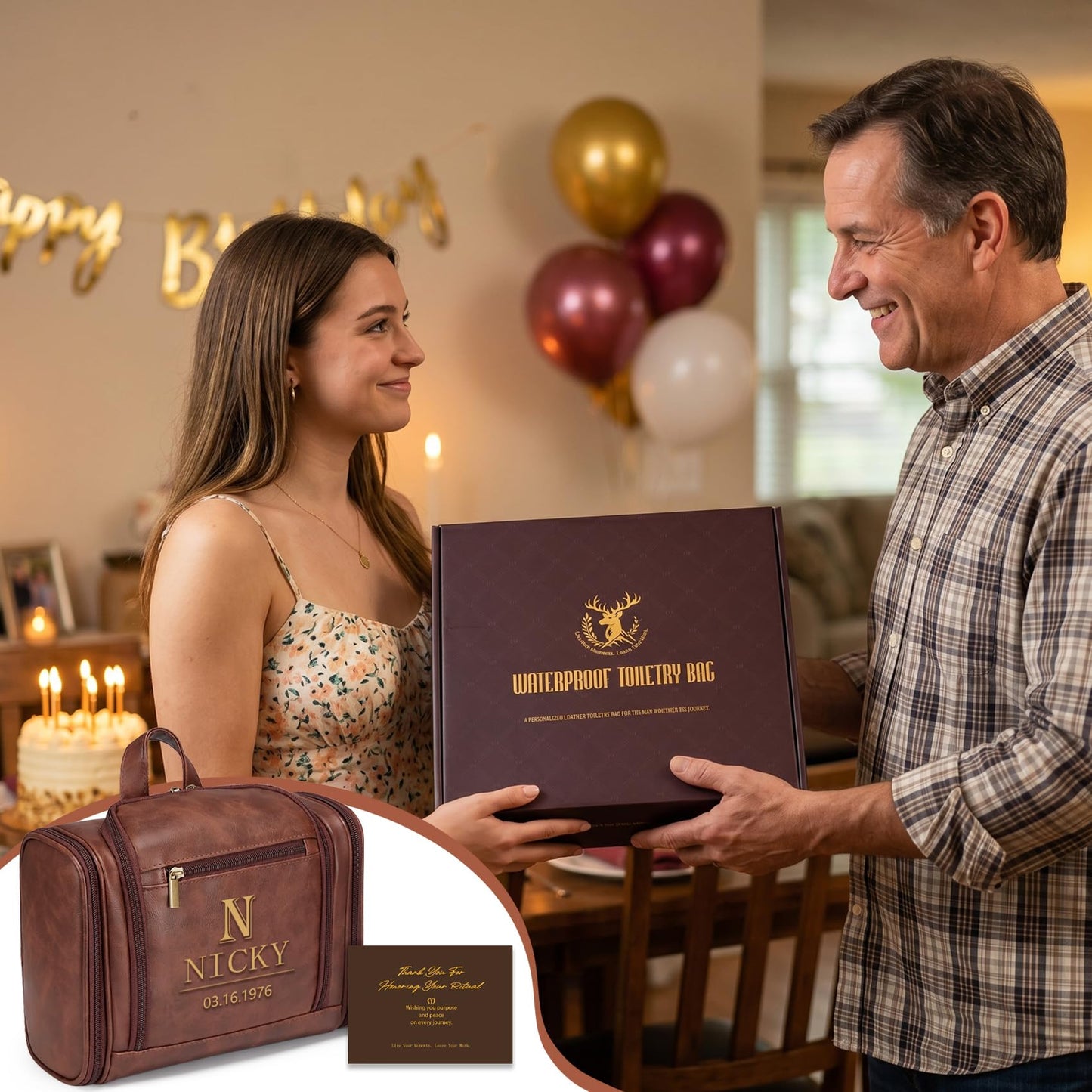 Aganmi Personalized Fathers Day Birthday Gifts for Step Dad Husband Grandpa Papa, Customized Mens Large Leather Hanging Toiletry Bag Travel Waterproof Bathroom Shower Shaving Dopp Kits, Cognac Brown