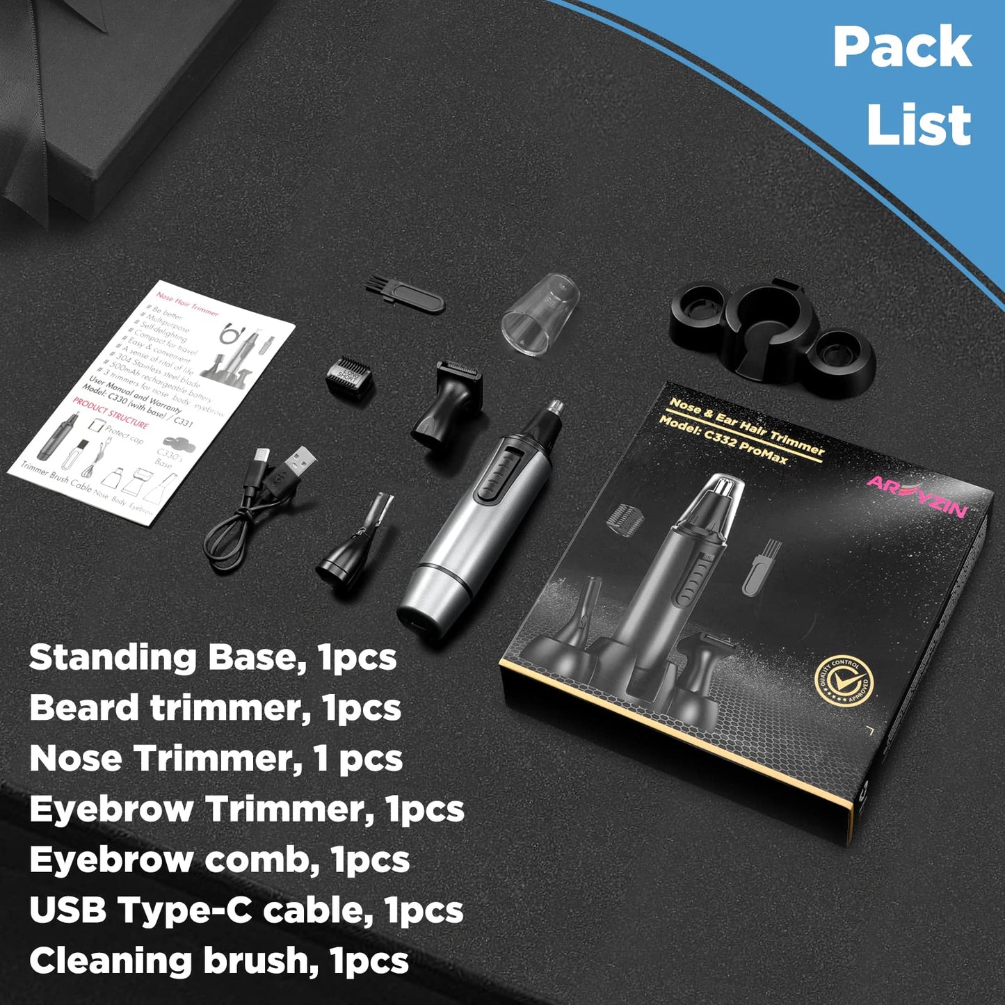 AREYZIN Nose Hair Trimmer for Men,2026 Professional 3 in 1 Painless Rechargeable Ear and Nose Trimmer,IPX7 Waterproof Eyebrow Facial Hair Trimmer Body Grooming Kit Dual Edge Blades(Dark Gray)