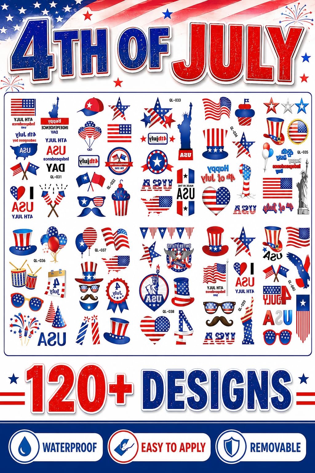 120+ PCS 4th of July Temporary Tattoos, Patriotic Waterproof Fake Tattoos with American Flag Eagle Fireworks Designs, Independence Day Party Favors Supplies for USA Memorial Day Parade