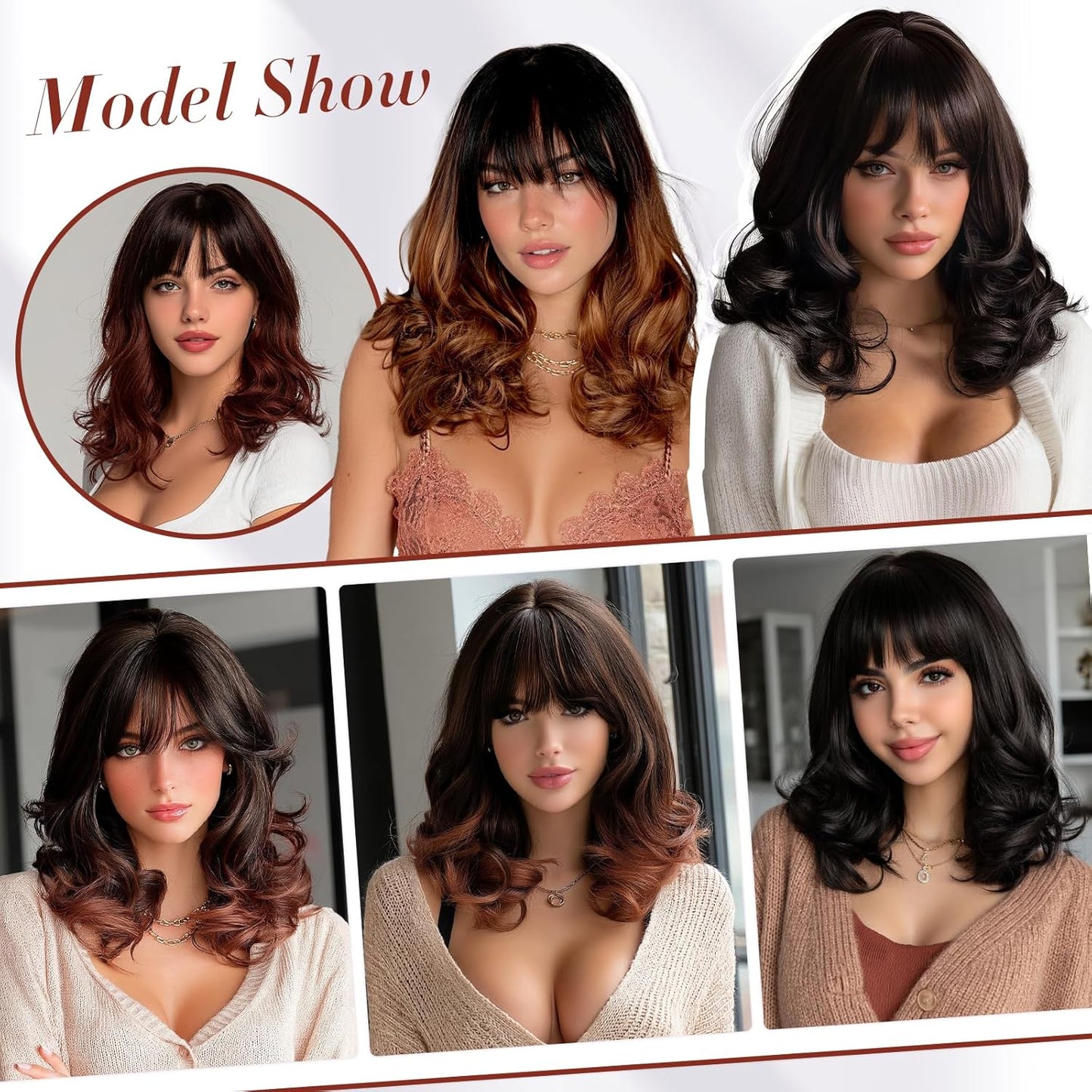Layered Body Wave Wig with Bangs for Women - 16 Inch Heat Resistant Synthetic Hair | Natural Looking Auburn Mix Dark Brown