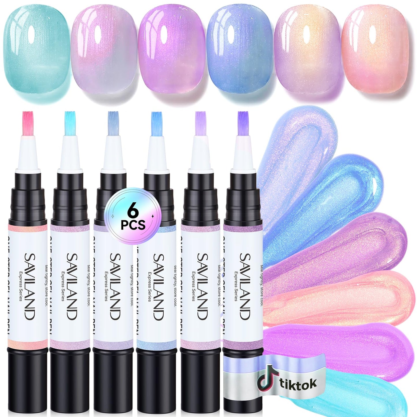 SAVILAND One-Step Gel Nail Polish Pens Set: 6 Pearl Pink Blue Colors 3 in 1 Gel Polish Set Base & Color Gel & Top in a Pen for Aurora Effect Easy to Use Travel 4ml (U V Lamp Needed)