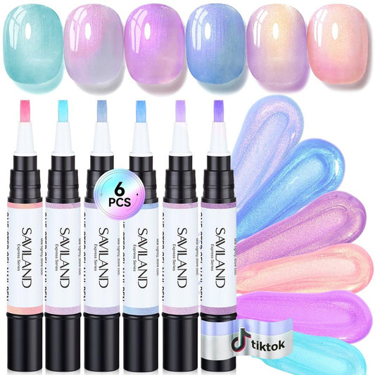 SAVILAND One-Step Gel Nail Polish Pens Set: 6 Pearl Pink Blue Colors 3 in 1 Gel Polish Set Base & Color Gel & Top in a Pen for Aurora Effect Easy to Use Travel 4ml (U V Lamp Needed)