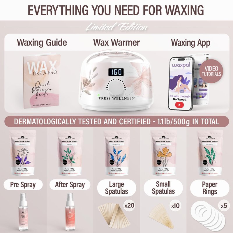 Tress Wellness Award Winning Waxing Kit for Sensitive Skin, Safe for Face & Skin, Easy to Use, At-Home Kit for Face, Bikini, Brazilian & Full Body - Digital Display, Watercolor White
