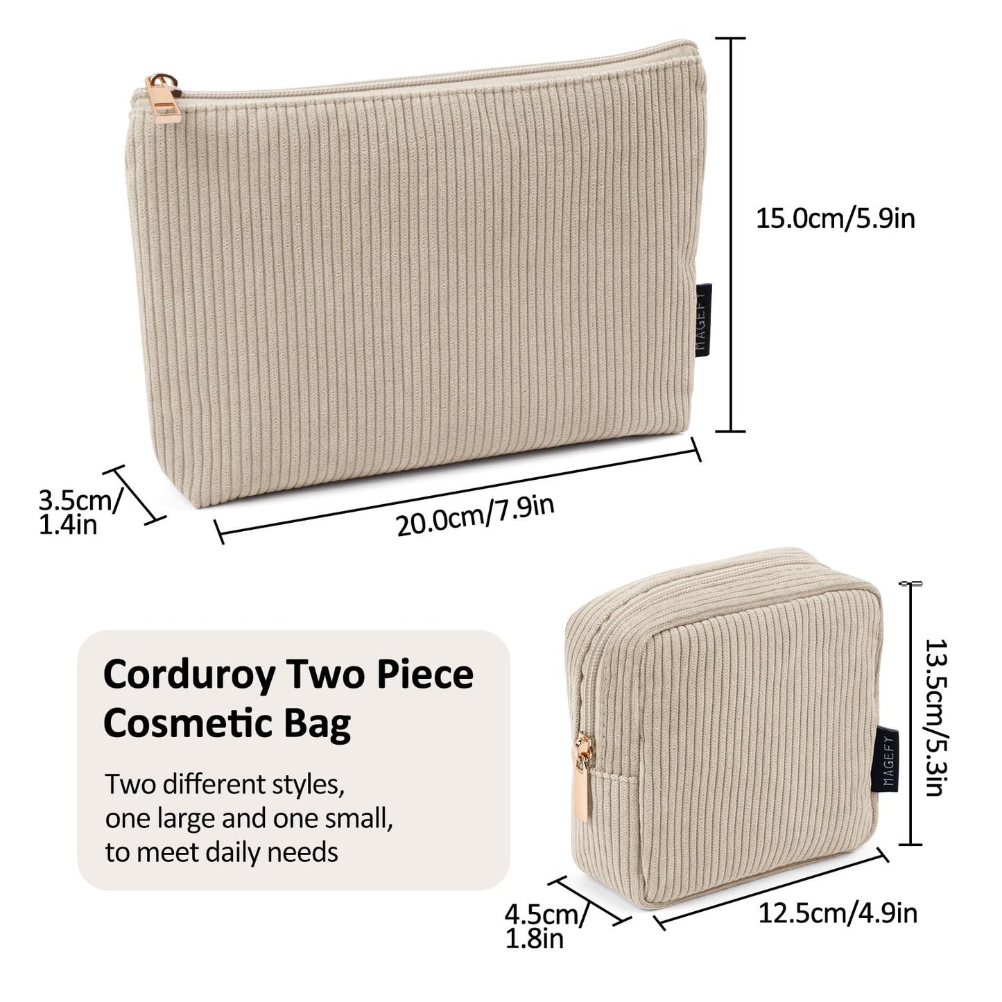 MAGEFY Small Makeup Bag, 2 Pcs Corduroy Makeup Bag for Purse Make Up Organizer Bag Mini Pouch with Slip-in Pockets Aesthetic Preppy Stuff - Beige