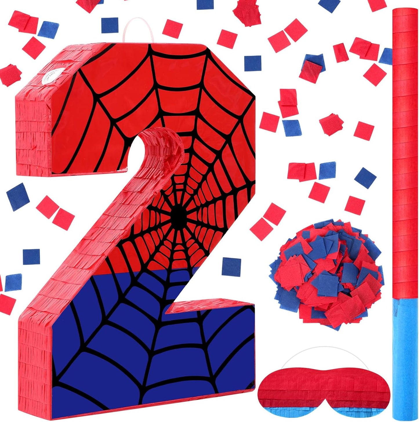 Spider Web Piñata Bundle - Number 4 Piñata for Kids Birthday Party | Red & Blue, 15.75 x 11 x 2.8 In
