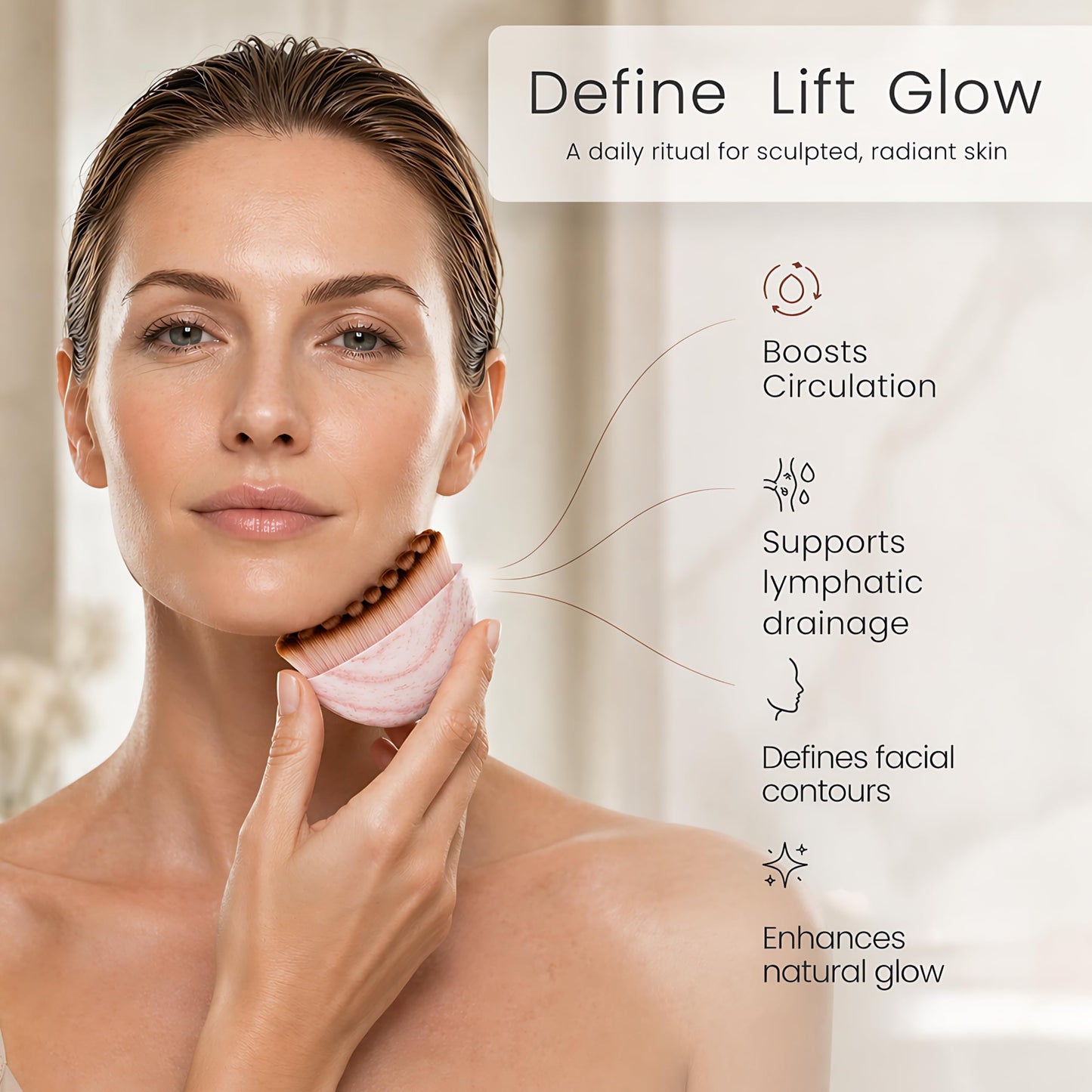 Lymphatic Contour Brush For Face, Contour glow brush, Manual, Lymphatic drainage Brush, Improves Skin Glow & Absorption Natural,Gua sha. (Pink)