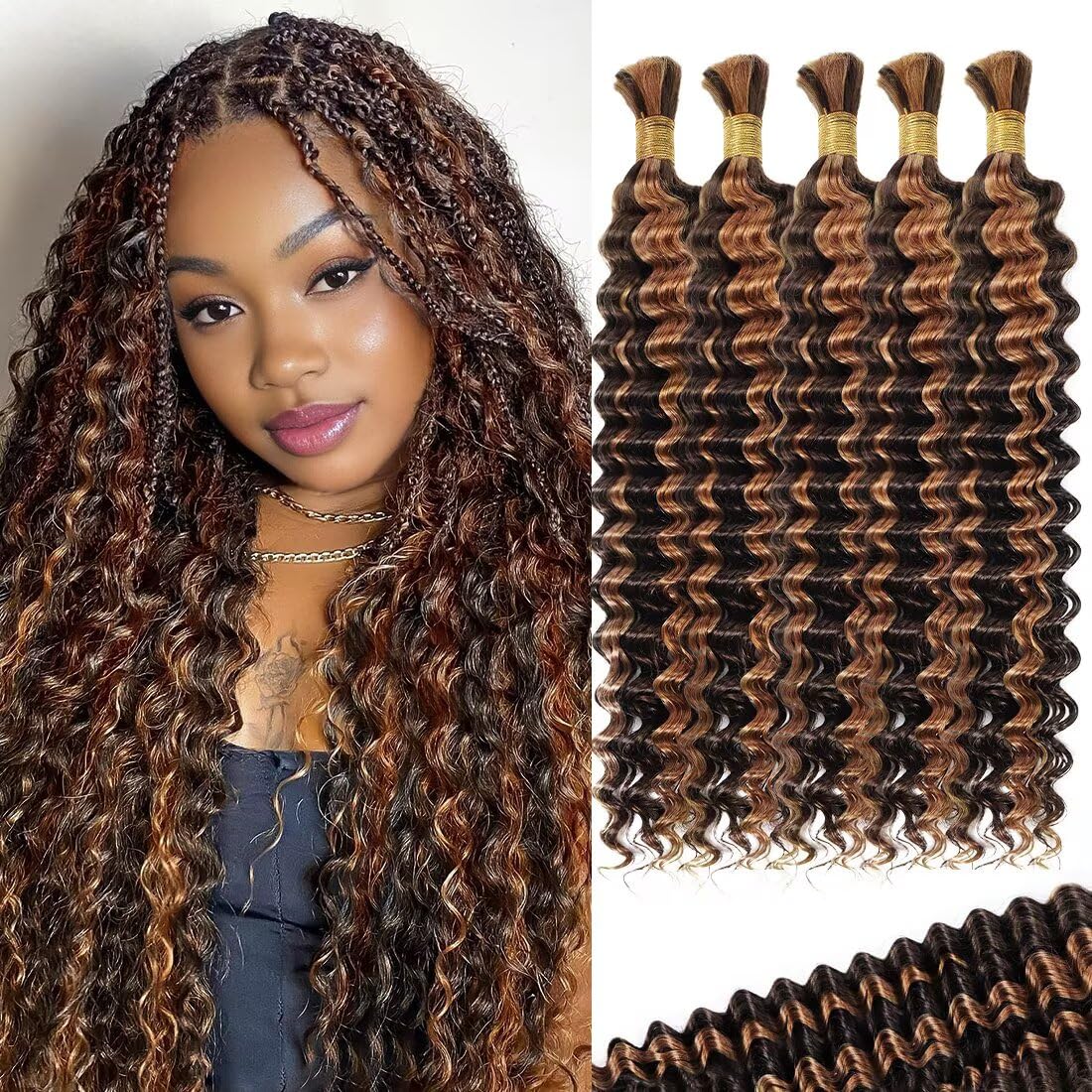 12A P4/30 Dark and Light Brown Human Braiding Hair for Boho Braids 5 Bundles 18 Inch 160g Deep Wave Braiding Hair for Bohemian Knotless Braids 100% Unprocessed Virgin Bulk Hair Extensions No Weft