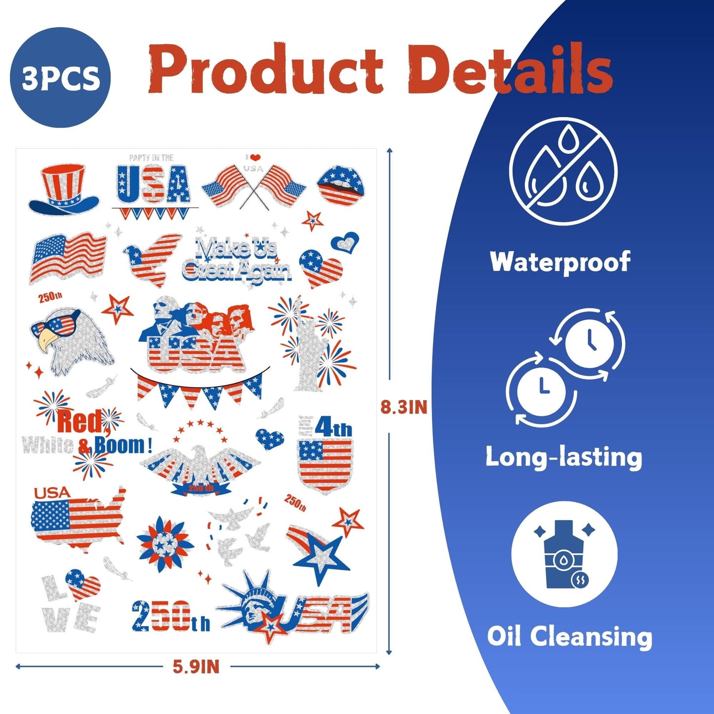 Vagilelf 250th Anniversary Decorations, 3 Sheets 4th of July Tattoos, America 250 Merchandise with Premium Silver Foil, Shimmering Red White and Blue Patriotic Body Stickers for USA Party Decorations