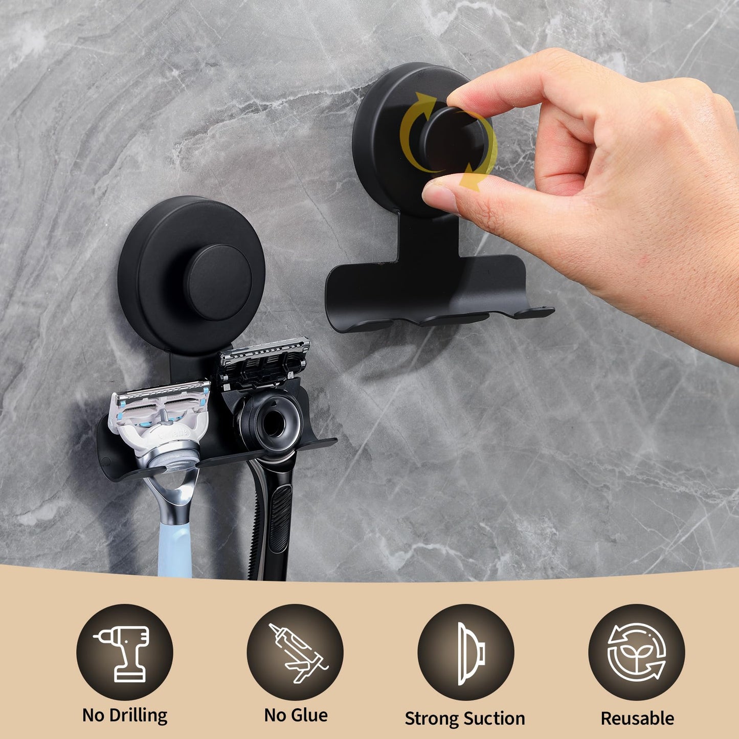 Fenas Suction Cup Razor and Shaver Holder for Shower Wall, Stainless Steel Reusable Suction Hook for Towel and Loofah, Damage-Free Installation (2, Matte Black)