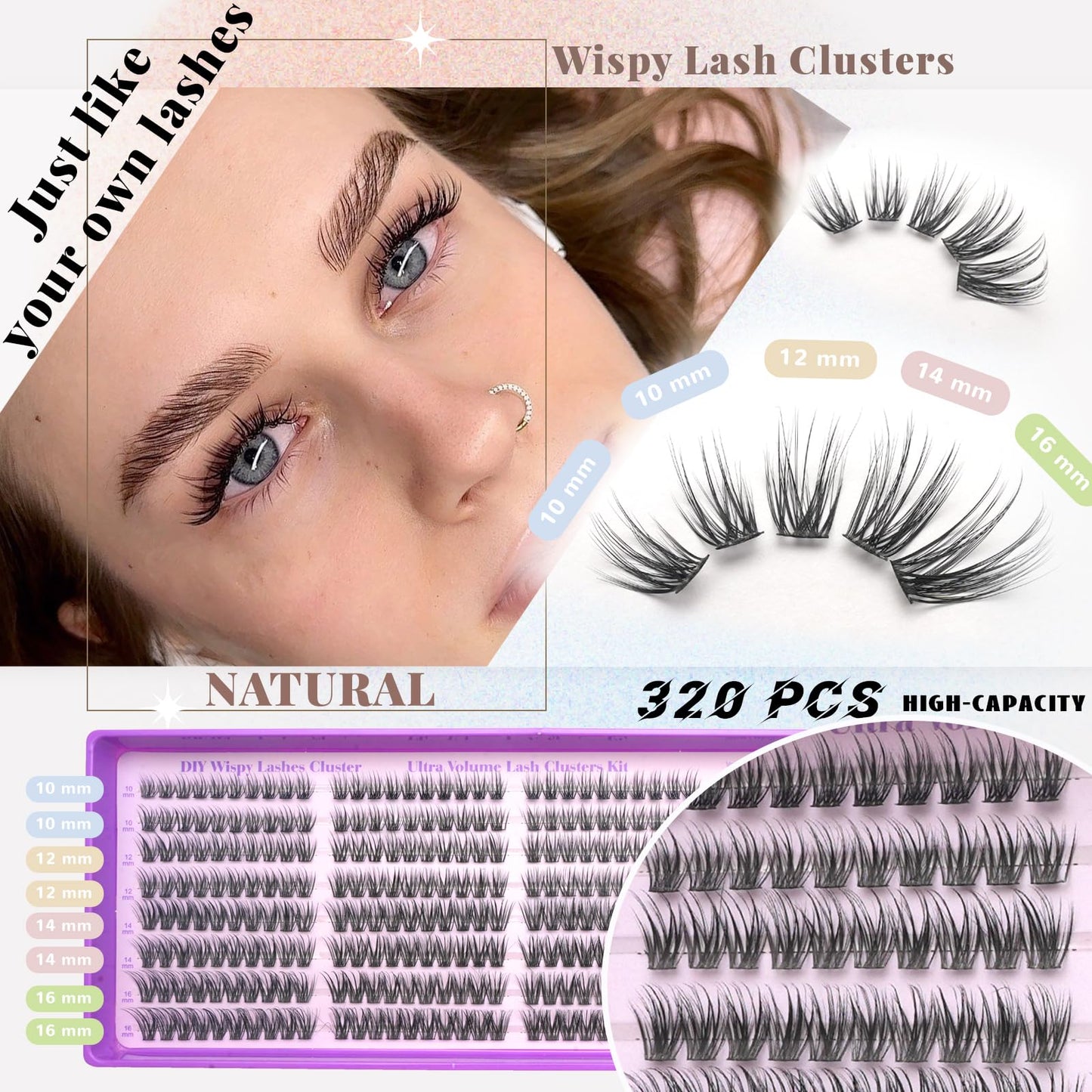 Wispy Lash Clusters, Natural Lash Cluster Eyelash Extensions 320 Pcs C Curl 10-16mm Individual Fluffy False Eyelashes Thin Band DIY for Beginners at Home