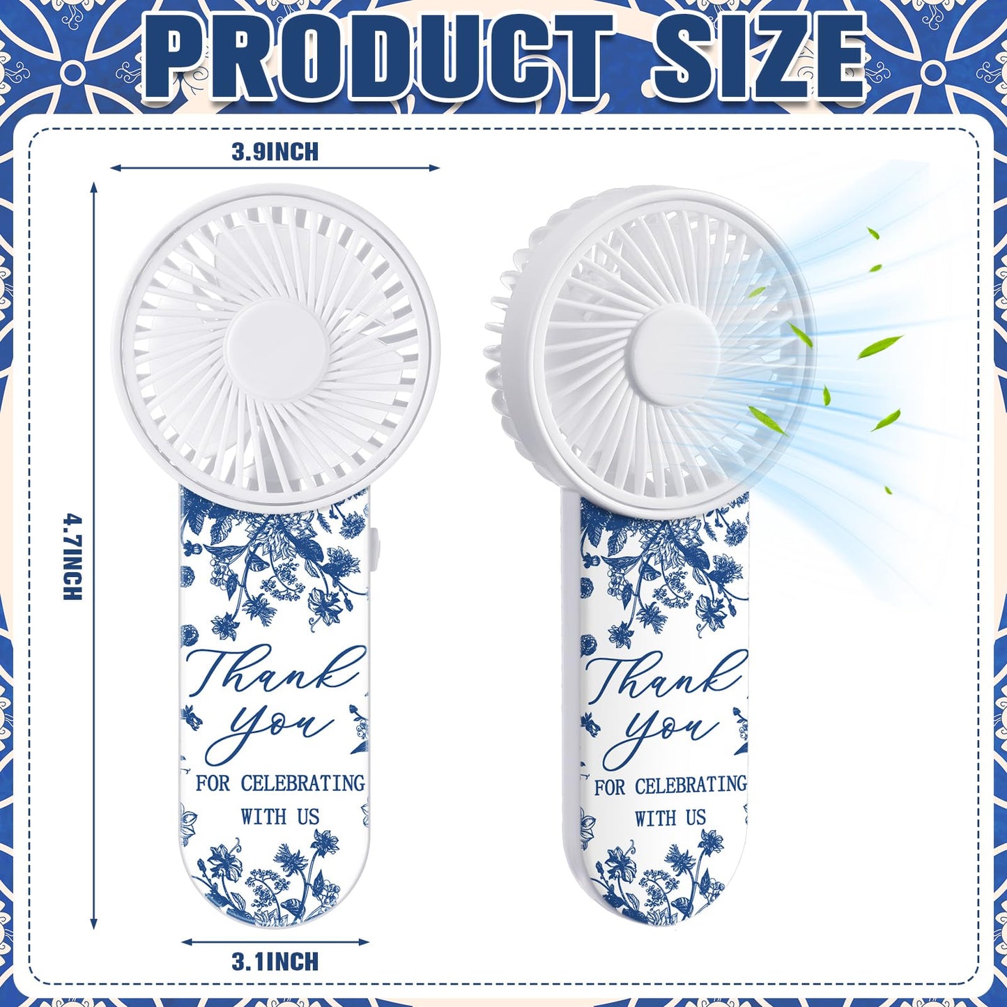 Tujoe 100 Pcs Wedding Handheld Fans for Guests Mini Personal Portable Fans Bulk Thank You for Celebrating with Us Fan for Wedding Bridal Shower Party Favors Summer Travel (Blue and White Porcelain)