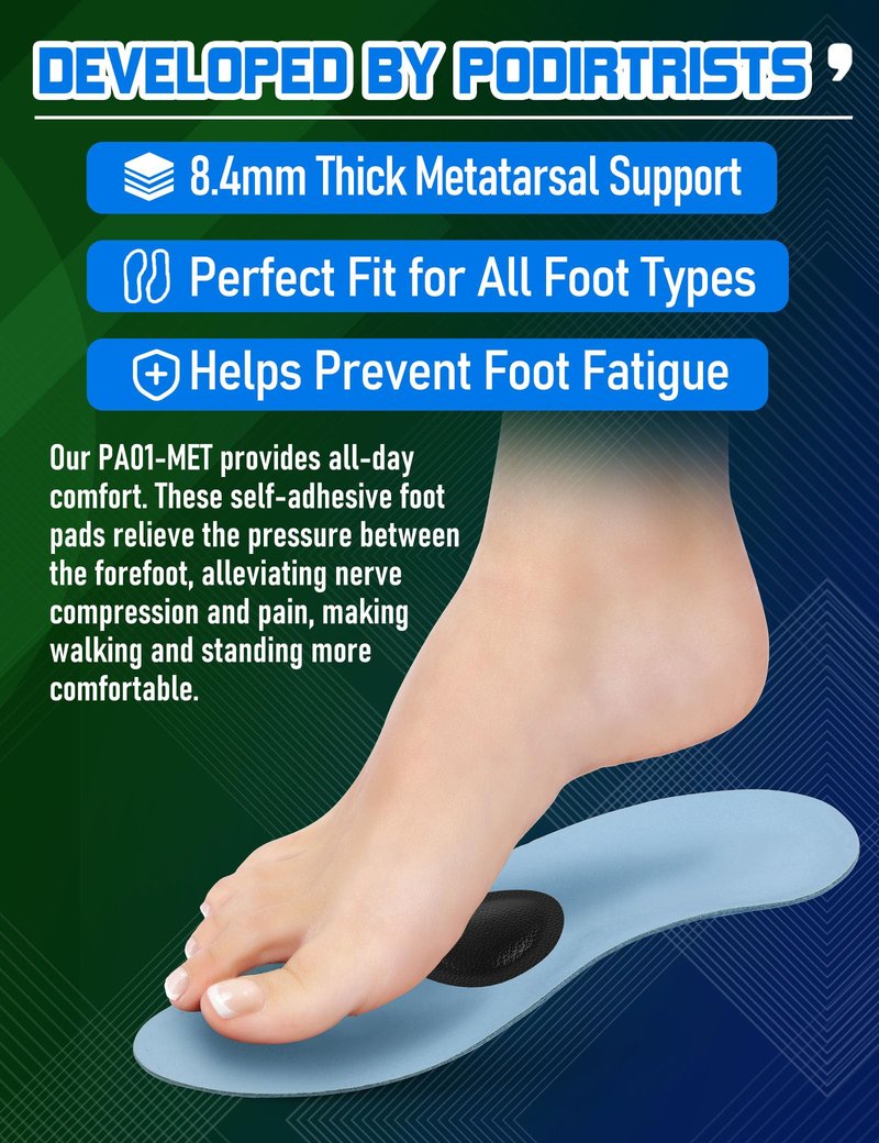 Orthostride Metatarsal Pads for Men, Ball of Foot Cushions for Pain Relief, Comfortable Forefoot Support for Metatarsalgia and Morton's Neuroma, 1/3 Inch Thick Self-Adhesive Foot Pads, 2 Pairs L