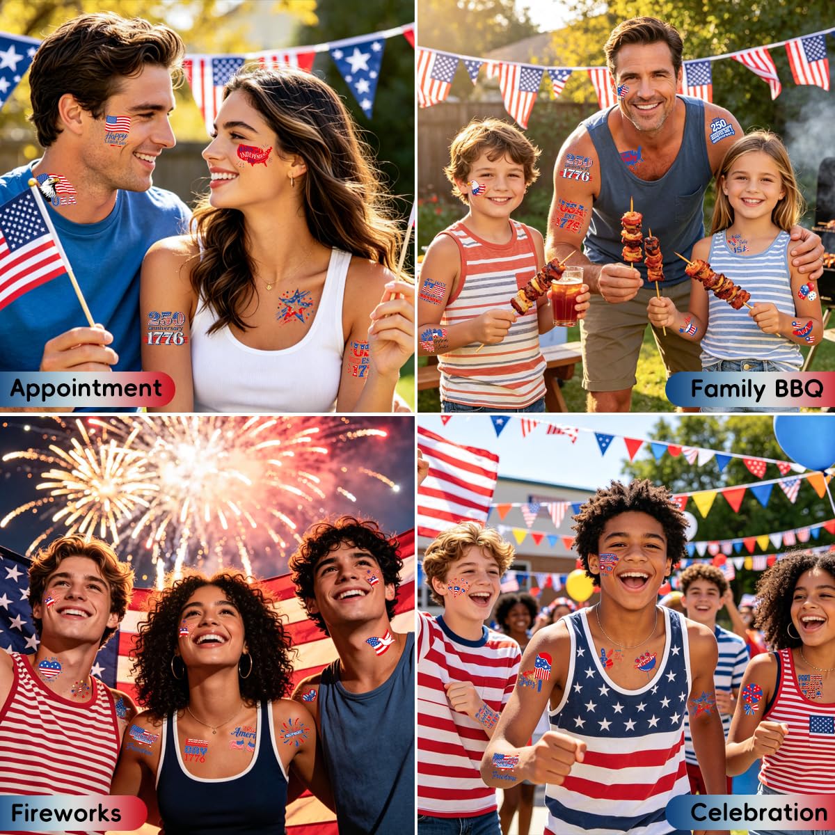 50Pcs 250th Independence Day Temporary Tattoos, Patriotic 4th of July Temporary Tattoos Stickers, Red White Blue Decorative Designs for Kids and Adults, Suitable for Parades and School Celebrations(C)