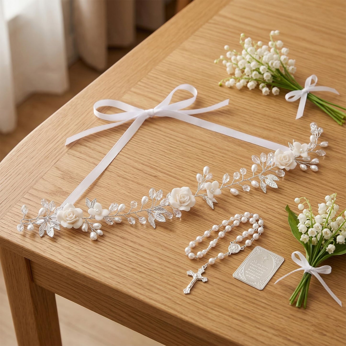 Floral Fall Flower Wedding Hairpiece Pearls Bridal Hair Accessory with Crystals for Women (Silver and white)