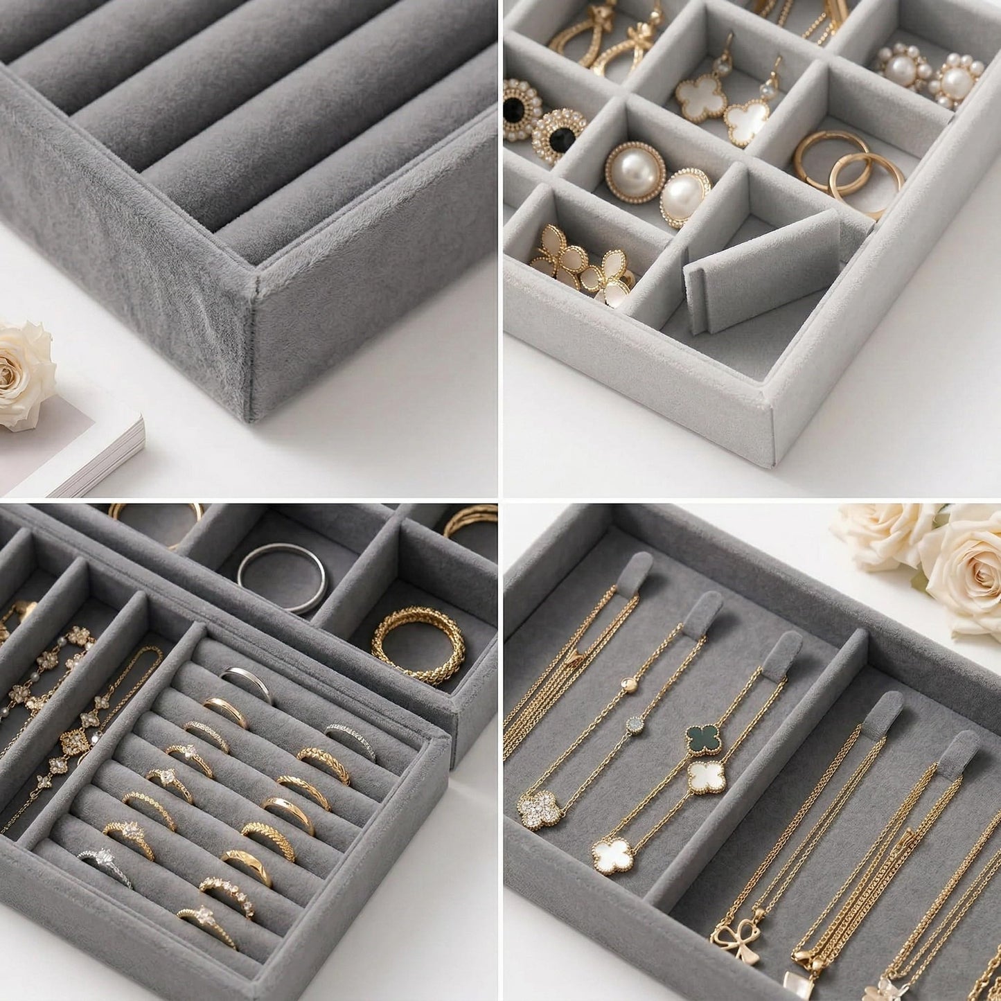 Velvet Jewelry Drawer Organizer Trays, 4-Layer Stackable Jewelry Storage Inserts Set, GREY Jewelry Tray Set for Earrings, Rings, Necklaces and Bracelets, Removable Dividers for Dresser Drawer